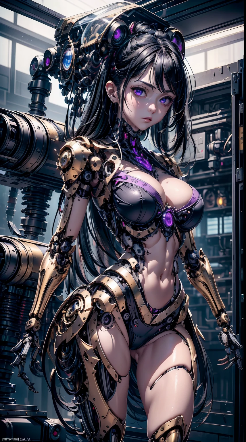 absurderes,(masterpiece、top-quality、8K ),intricate detailes,ultra-detailliert、1 Beautiful, And a woman of perfect proportions,(Machine Girl 1.3),Black Long Hair,Purple eyes,cleavage,Navel,Stomach,(Mechanical body,mechanical arms :1.4),Mechanical headgear ,(Cyberpunk ),Hyper realistic,Perfect Anatomy