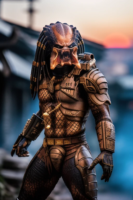 a photo of a Yautja predator with sharp teeth, perfect eyes, ((perfect detailed face:1.1)), (high detailed skin:1.1), smiling, perfect body, fighting pose, professional  Photography, dramatic  lighting, Photorealistic, detailed face, sunset, in a city dirty alleyway background, blurred background, volumetric fog, RAW, analog style, sharp focus, 8k, high res, DSLR, high quality, Fujifilm XT3, film grain, award winning, masterpiece, penis, balls,