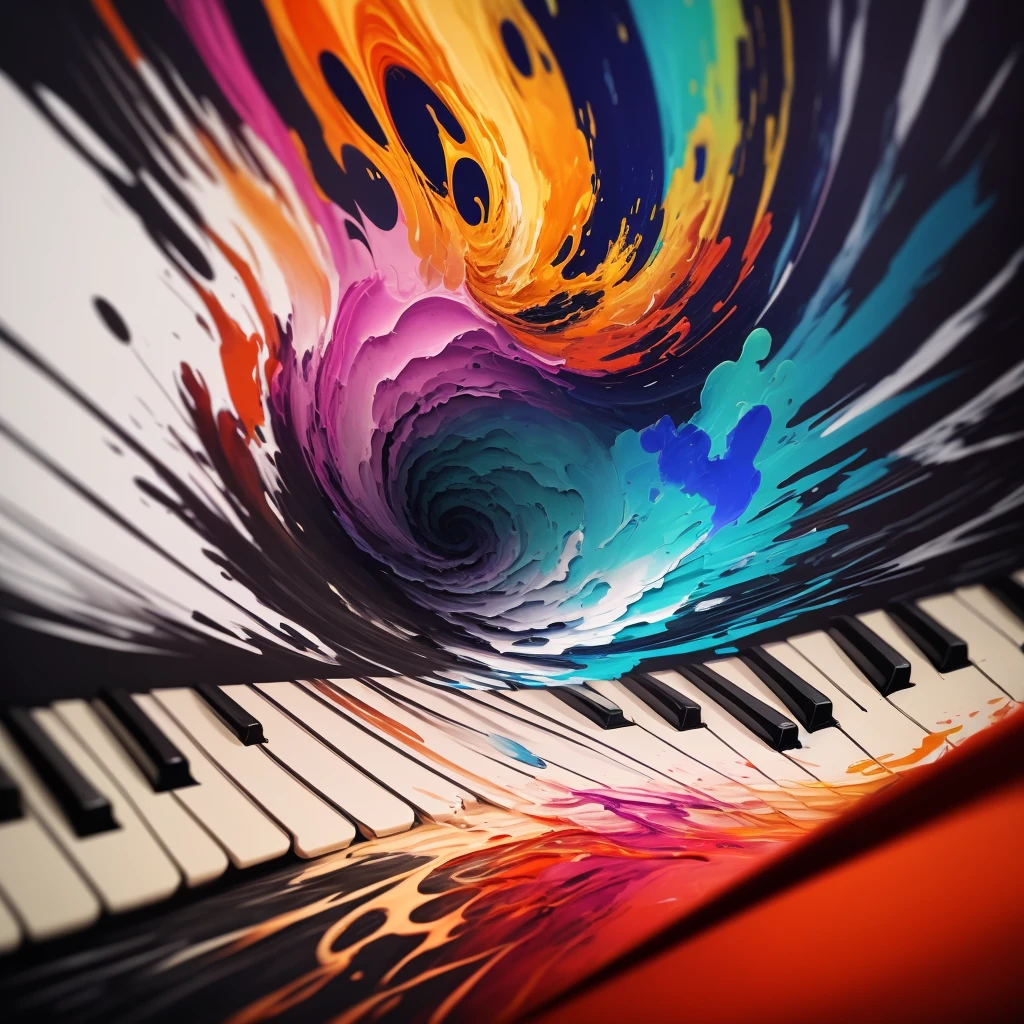 Digital swirling vibrant paint strokes and piano