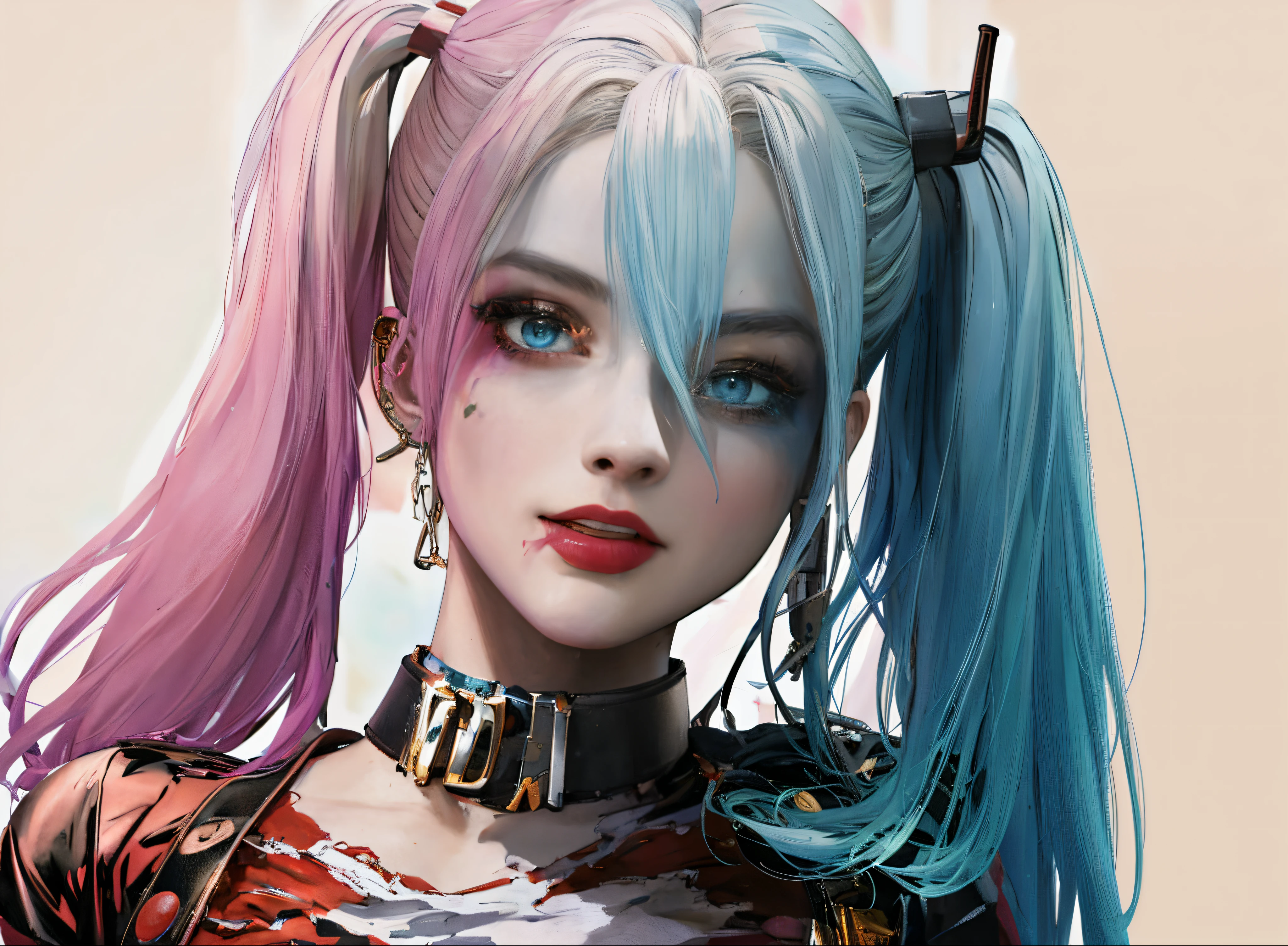 a possessed girl, seductiveexpression, excellent student, Slim lashes,Alafi with gun and pink and blue wig, Harley Quinn, Harley Quinn, harley queen, Portrait of Halle Quinn, Harley Quinn Station, Art germ ; 3d unreal engine, Harley Quinn movie stills, 3D rendered figure art 8K, Emma Watson is Harley Quinn, Elizabeth Olsen as Harley Quinn, Lady Gaga is Harley Quinn