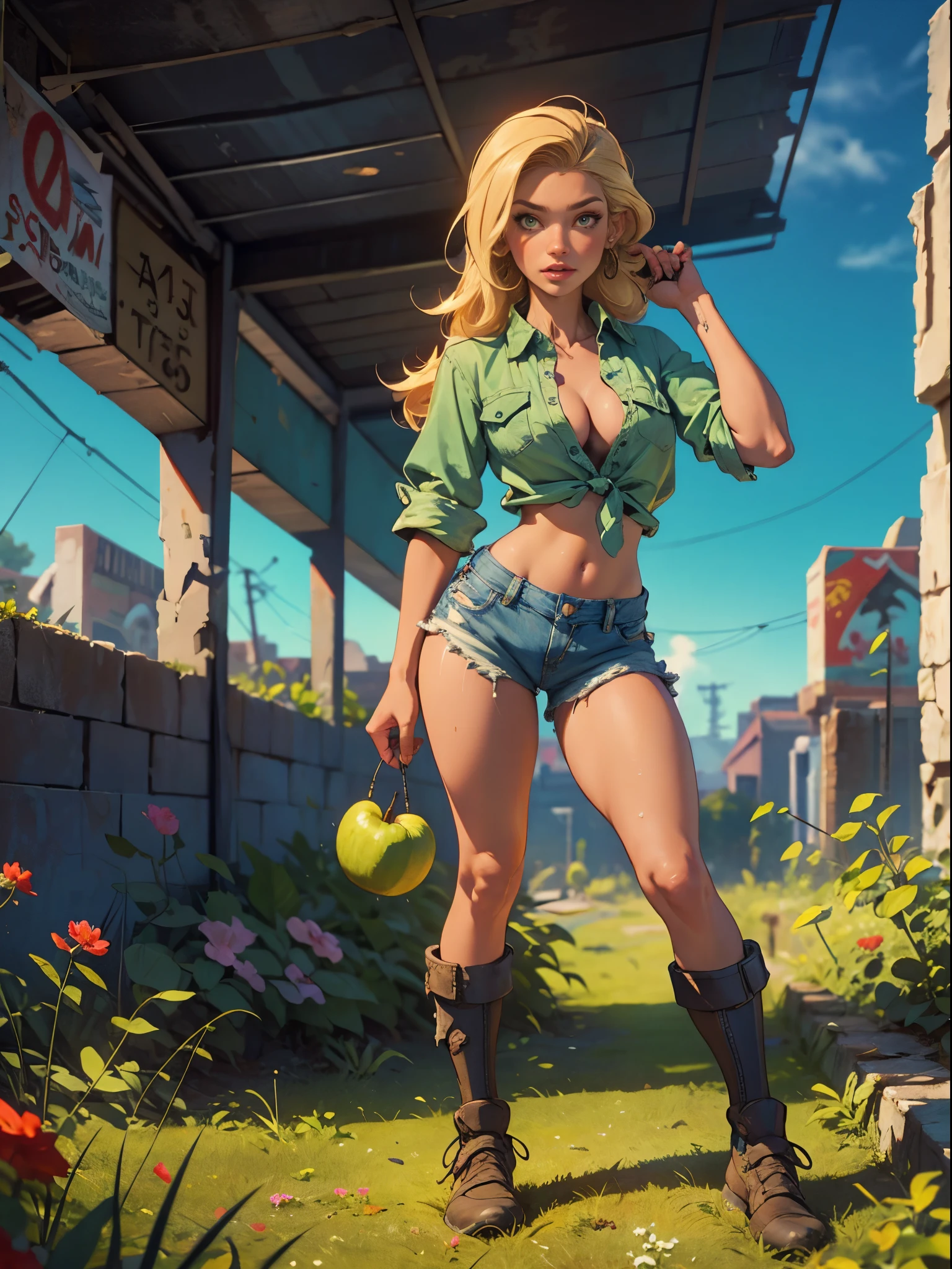 2076 year. The Urban Ruins of the Wasteland, Female huntress picking fruit in the garden, beautiful face, blonde, badly torn shirt and denim shorts , long legs, sweating through, sun rising, Nice warm colors, head to toe, full body shot, pretty hands, perfect fingers,