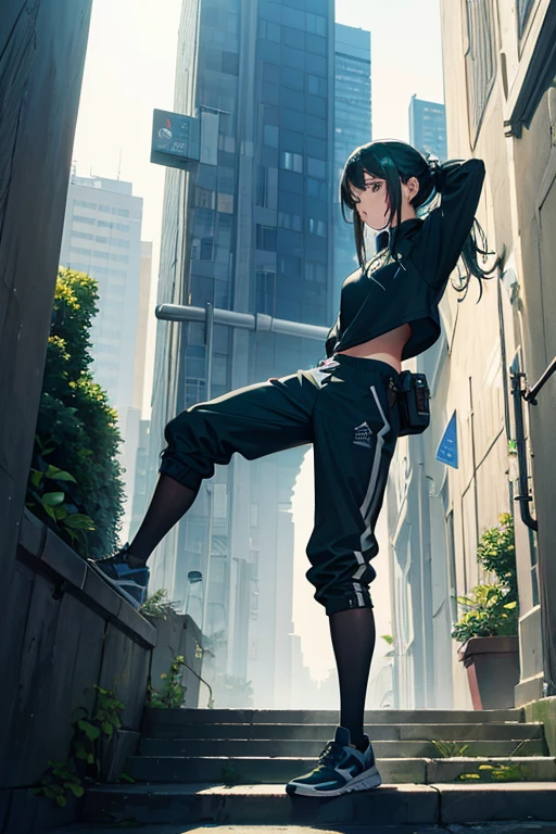 ((best quality)), ((masterpiece)), (detailed), detailed, parkour, full body, pose, dark blue green, black, streetwear, techwear