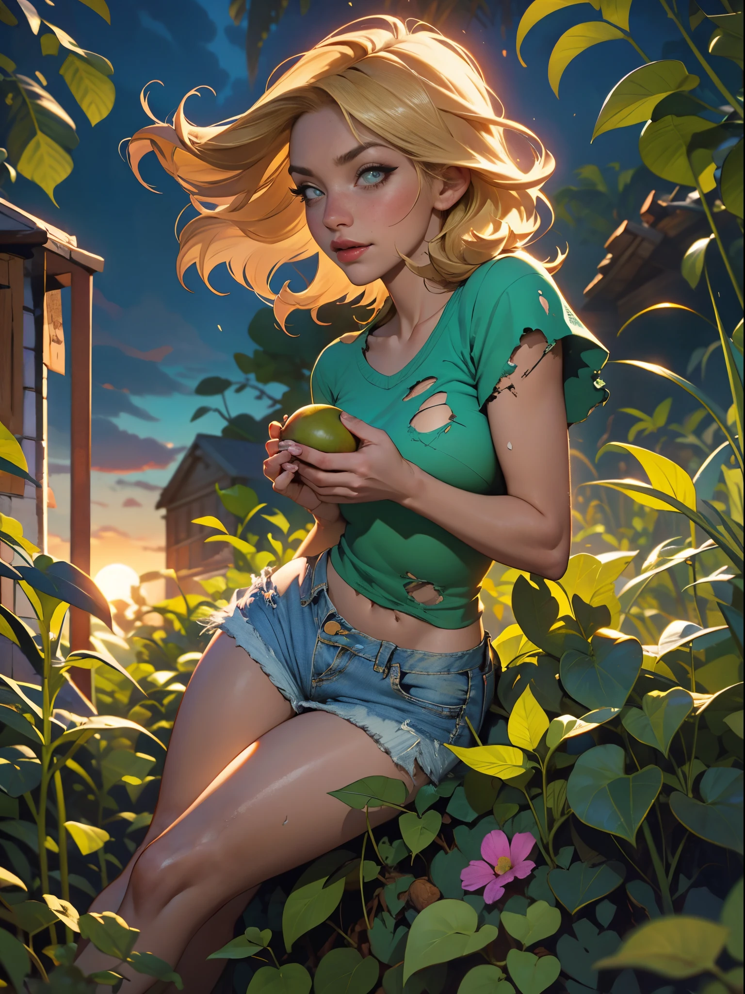 2076 year. The Urban Ruins of the Wasteland, Female huntress picking fruit in the garden, beautiful face, blonde, badly torn shirt and denim shorts ,  long legs, sweating through, sun rising, Nice warm colors, head to toe, full body shot, pretty hands, perfect fingers,