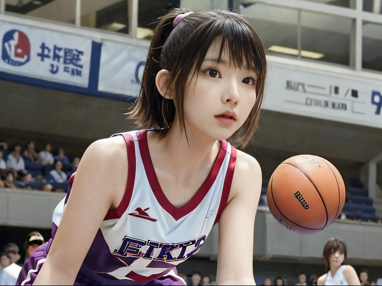 hiquality、Live-action、１girl with、Japan Girl、a beauty girl、Idol、12year old、Esmanium、6headed body、Brown Short Hair、drooing eyes、((Basketball Uniforms))、During a basketball game、severe sweating、Uniform wet with sweat、basketball Venues、(((Free throw moment)))、Girl staring at basket ring、Angle from the side、Looking up from below、Vibrant