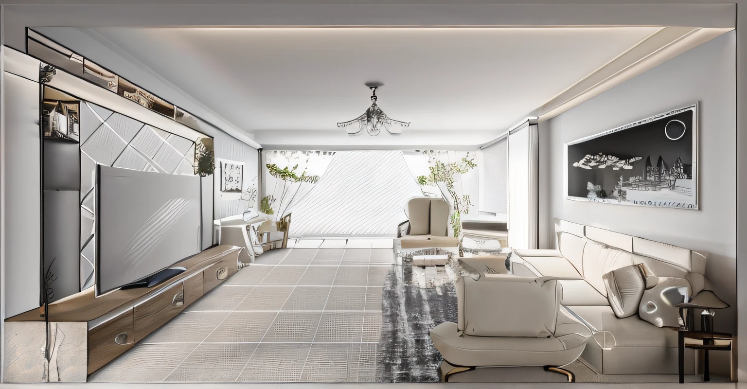 Interior design,Interior furniture,interior space layout,On the left is a black TV,Warm white Roman column marble stone TV background wall,TV background wall white striped pattern stone carving,Below is the TV cabinet,hidden lights on ceiling,Beige floor tiles,floor to ceiling window,a leather sofa,Carpet under the sofa,Piano near floor-to-ceiling windows,White translucent white sand curtain,White latex paint。 Deep three-point perspective, a little perspective, 2-point perspective, 5-point perspective,complementary colours,Warm color palette,extreme three point perspective, scene view, Fundo sala de estar,
