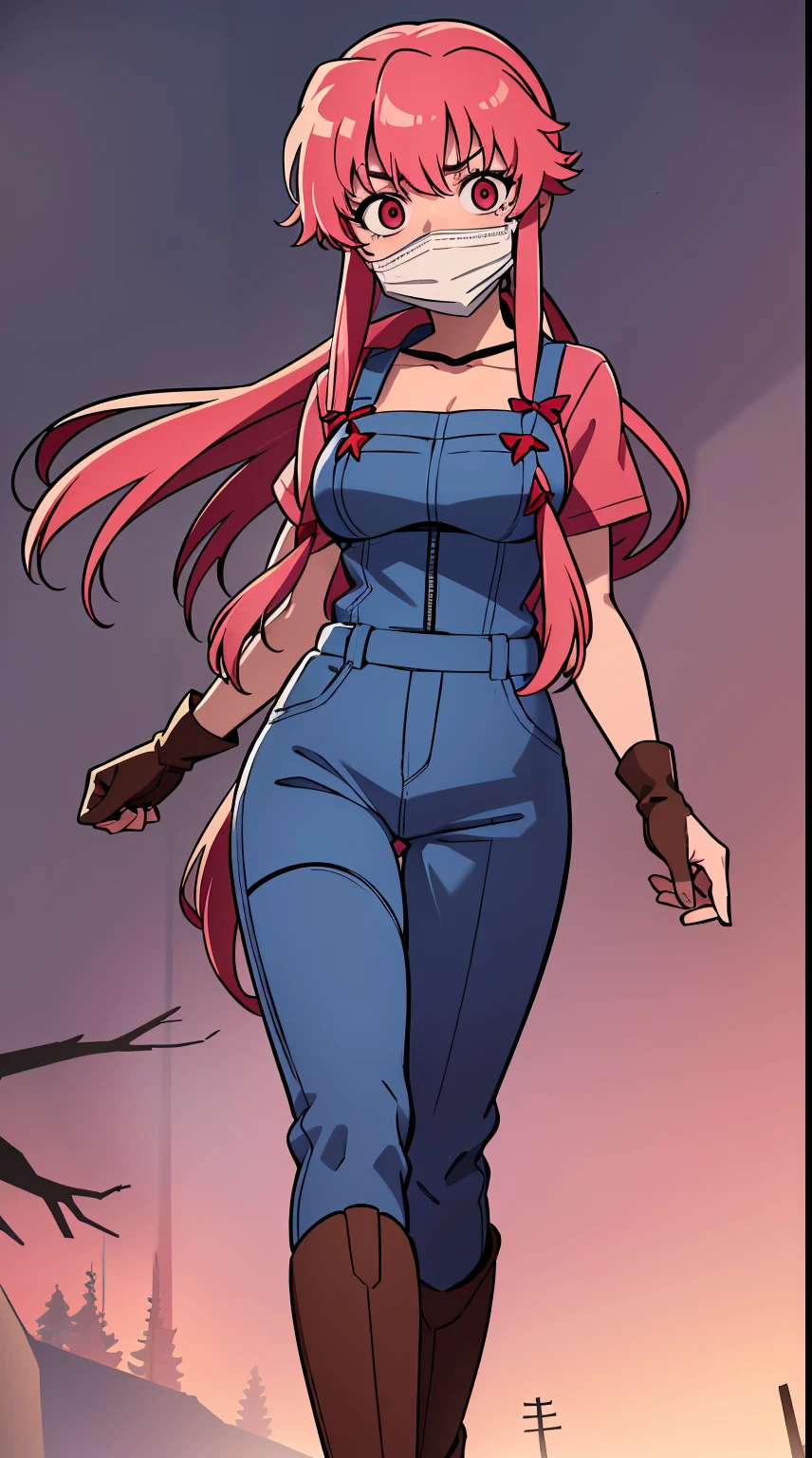 explicit, beautiful, amazing, high quality, detailed background, a woman with large breast in a woods, 1girl, breasts , , , pink hair, large breasts, twintails, long hair, solo focus, mirai nikki, black choker, dark grey overalls, leather gloves, black boots, ((face mask)), red eyes, chasing you through the woods, ((nigth)), crazy, ((crazy eyes)), ((crazy stare)) holding a bloody knife, (fanart of Gasai Yuno), (angry eyes:1.1), (perfect hands:1.4), (masterpiece), best quality, expressive eyes, VHS, ((nigth)), (Parfect Hand:1.3), 4k, 8k, 1980s, from below, (standing over you), wearing a jacket, (Blood:1.1)