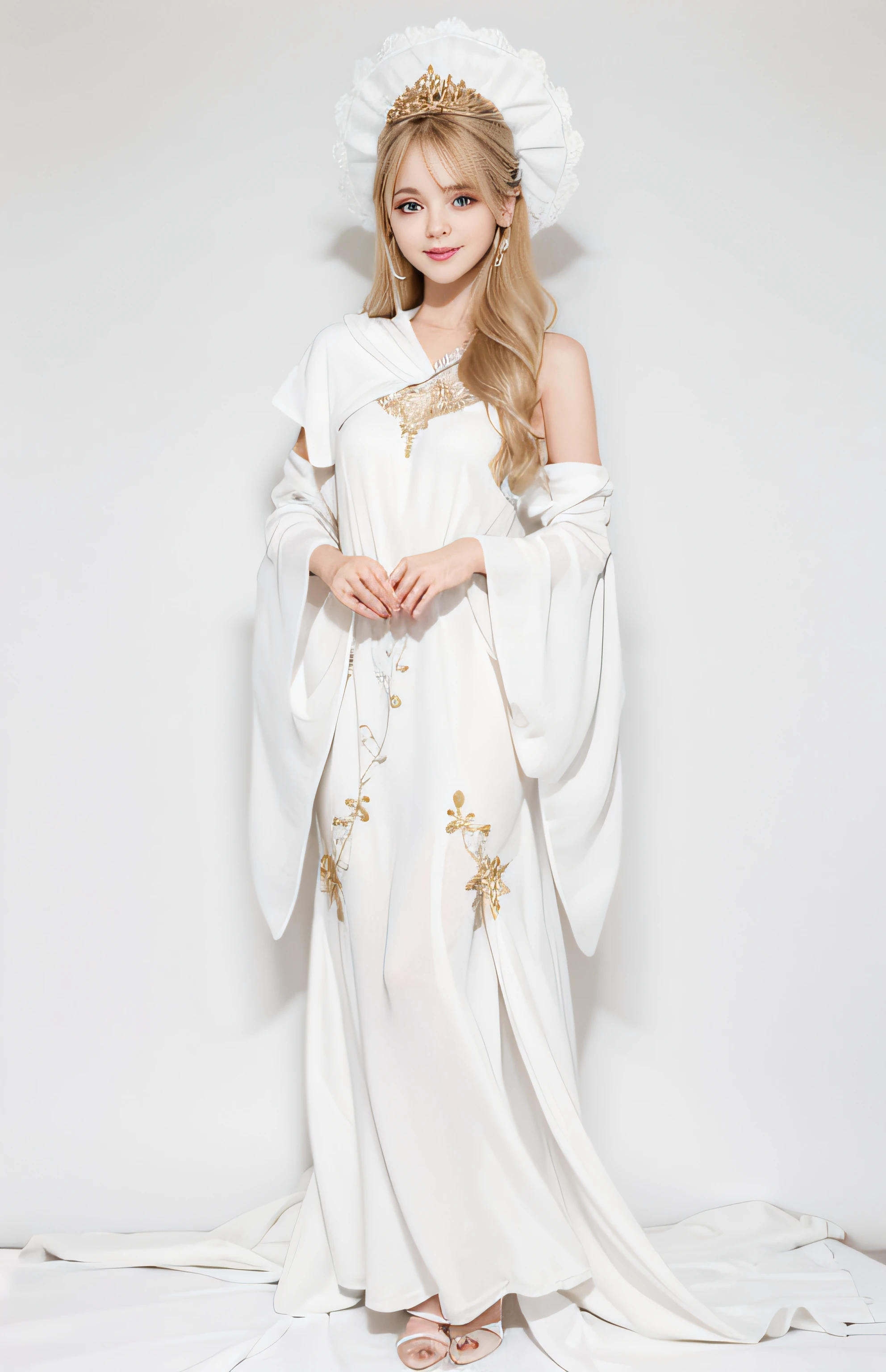 The white cap on the back of the head is shining、Whole body、8K、realphoto、超A high resolution, Master Parts, Best Quality, nffsw , cinematic images,Lovely girl、ann、1６years old、Anglo-Saxon、Green eyes、二重まぶた、very droopy eyes、（very, Very big eyes：1.８）、Dark eye shadow、The lips are very thin、The tip of the nose stretches beautifully.....、the tip of the nose is small,,,,, ighly detailed , Gold Hair、Straight hair、Very smile、 Sweet look 、a very beautiful woman、legs are long、 Very clear shadows , jewely , A detailed eye, very intricate, shiny skins , Perfect Brilliant, Perfect Lighting, Dramatic shadows ,White tiara on head、Pure white long dress worn with 3 layers、Pure white long dress with lovely silver embroidery.、Close the white fan and hold it with both hands..、The head has a large white hood、red flower accessories on ears