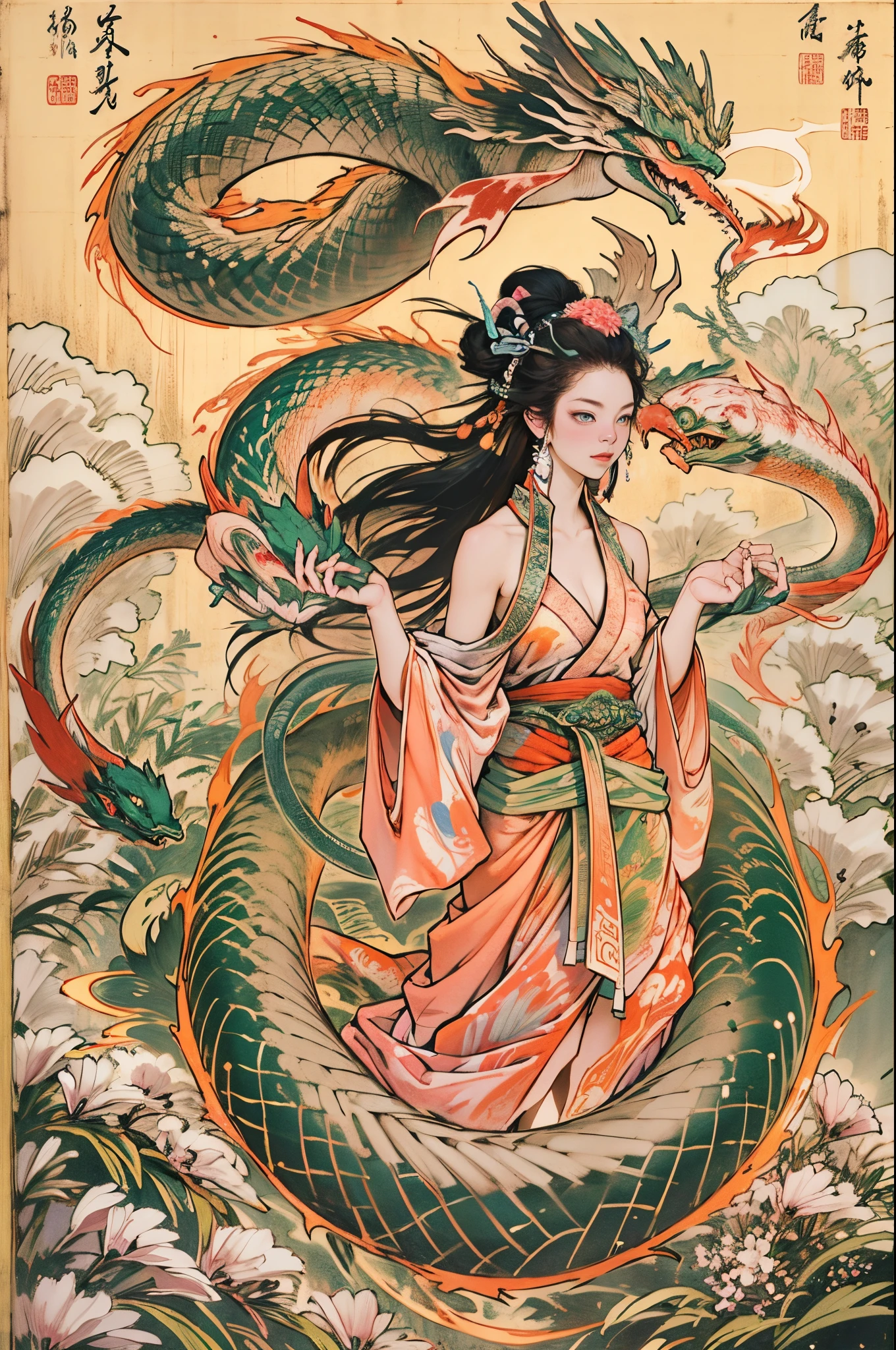 Depicts the ancient goddess of creation，Nuwa is the goddess with human body and snake tail（snake tail：1.6）（Chinese mythology）。This is a great goddess image handed down from the matrilineal clan period in primitive society.。Deep background，hoang lap，marvelous and unbelievable，Epic work，(Complicated details，hyper-detailing:1.2)，ultra real photo, Epic reality, ((com cores neutras)),(pastel colour:1.2), hyper realisitc, + Cinema lenses + dynamic compositions, The is very detailed, Sharpen, Cinematic, warmly lit, Light effect, Dramatic light, (Complicated details:1.1), the complex background, (greg rutkovsky:0.8),Full body photo，Fly in the sky，Chinese mythology，