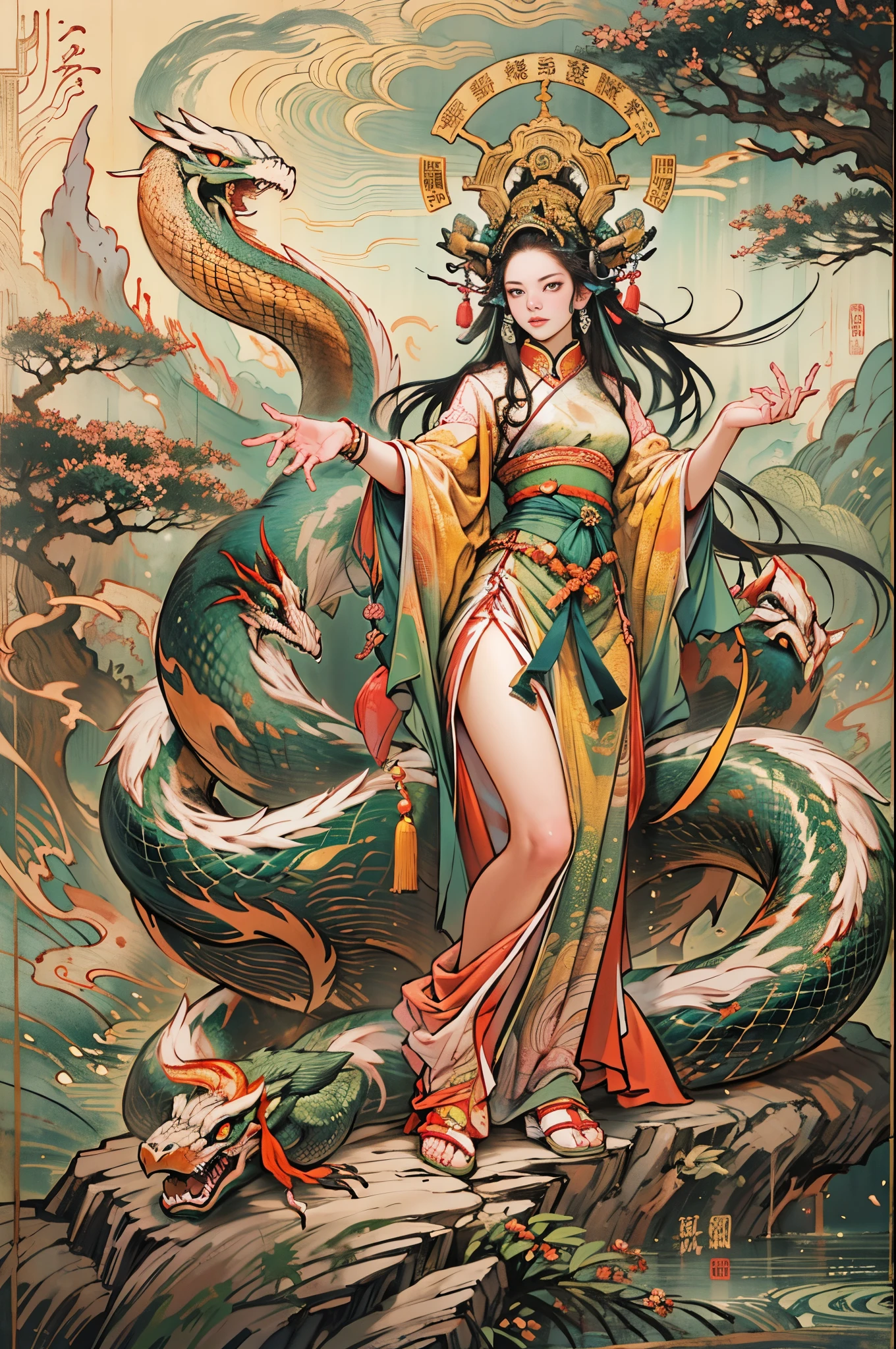 Depicts the ancient goddess of creation，Nuwa is the goddess with human body and snake tail（snake tail：1.6）（Chinese mythology）。This is a great goddess image handed down from the matrilineal clan period in primitive society.。Deep background，hoang lap，marvelous and unbelievable，Epic work，(Complicated details，hyper-detailing:1.2)，ultra real photo, Epic reality, ((com cores neutras)),(pastel colour:1.2), hyper realisitc, + Cinema lenses + dynamic compositions, The is very detailed, Sharpen, Cinematic, warmly lit, Light effect, Dramatic light, (Complicated details:1.1), the complex background, (greg rutkovsky:0.8),Full body photo，Fly in the sky，Chinese mythology，