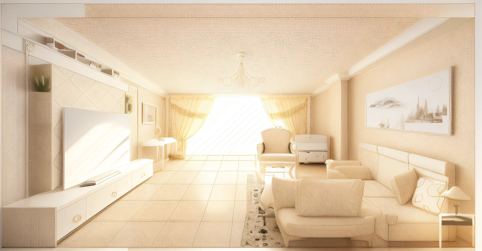 Interior design,Interior furniture,interior space layout,On the left is a black TV,Warm white Roman column marble stone TV background wall,TV background wall white striped pattern stone carving,Below is the TV cabinet,hidden lights on ceiling,Beige floor tiles,floor to ceiling window,a leather sofa,Carpet under the sofa,Piano near floor-to-ceiling windows,White translucent white sand curtain,White latex paint。 Deep three-point perspective, a little perspective, 2-point perspective, 5-point perspective,high saturated,complementary colours,warm color palette,extreme three point perspective, scene view, Fundo sala de estar,Beautiful HD pictures