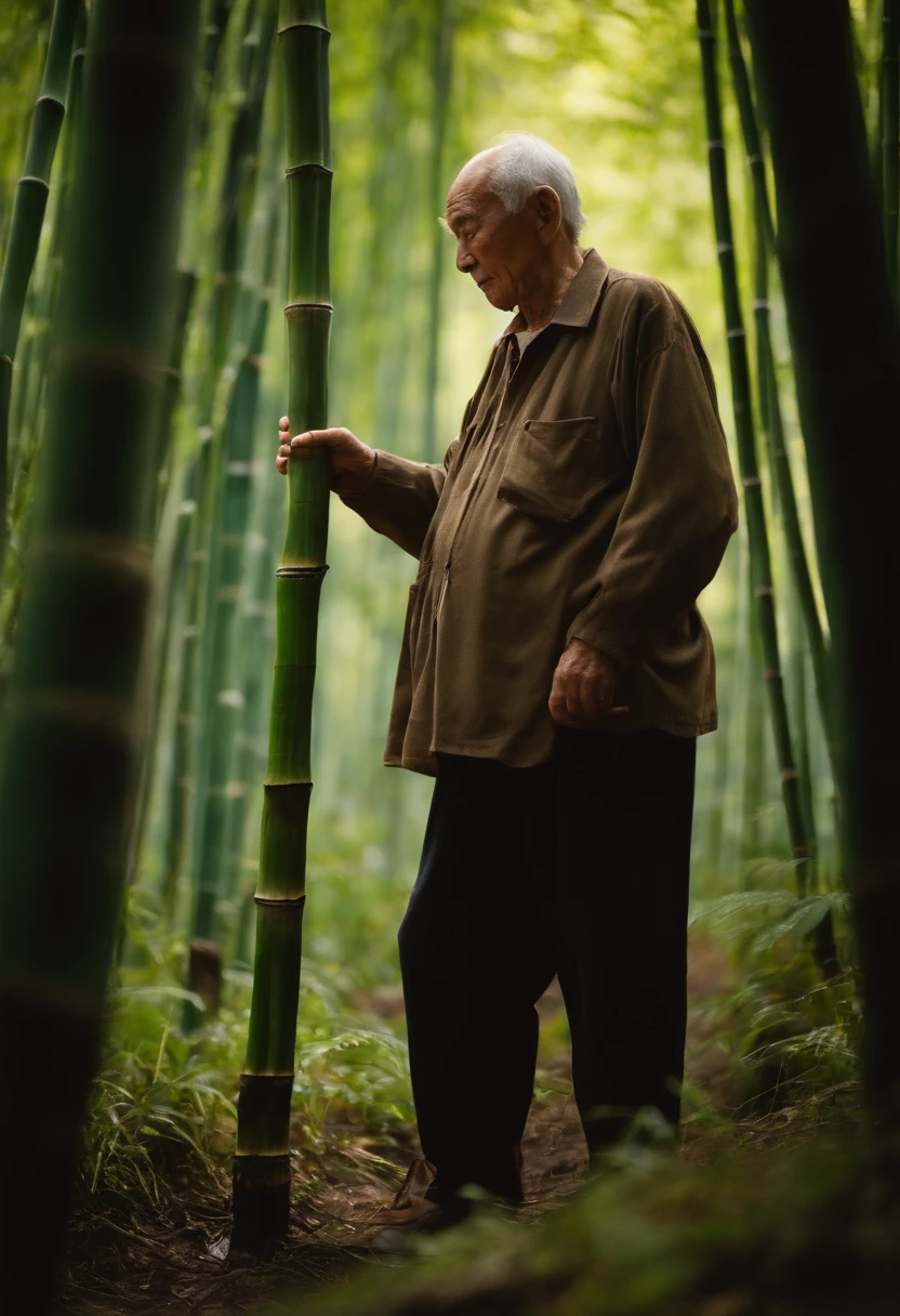 When the old man went to the mountain, He found a piece of bamboo with light coming out of its joints., so he's looking into it.