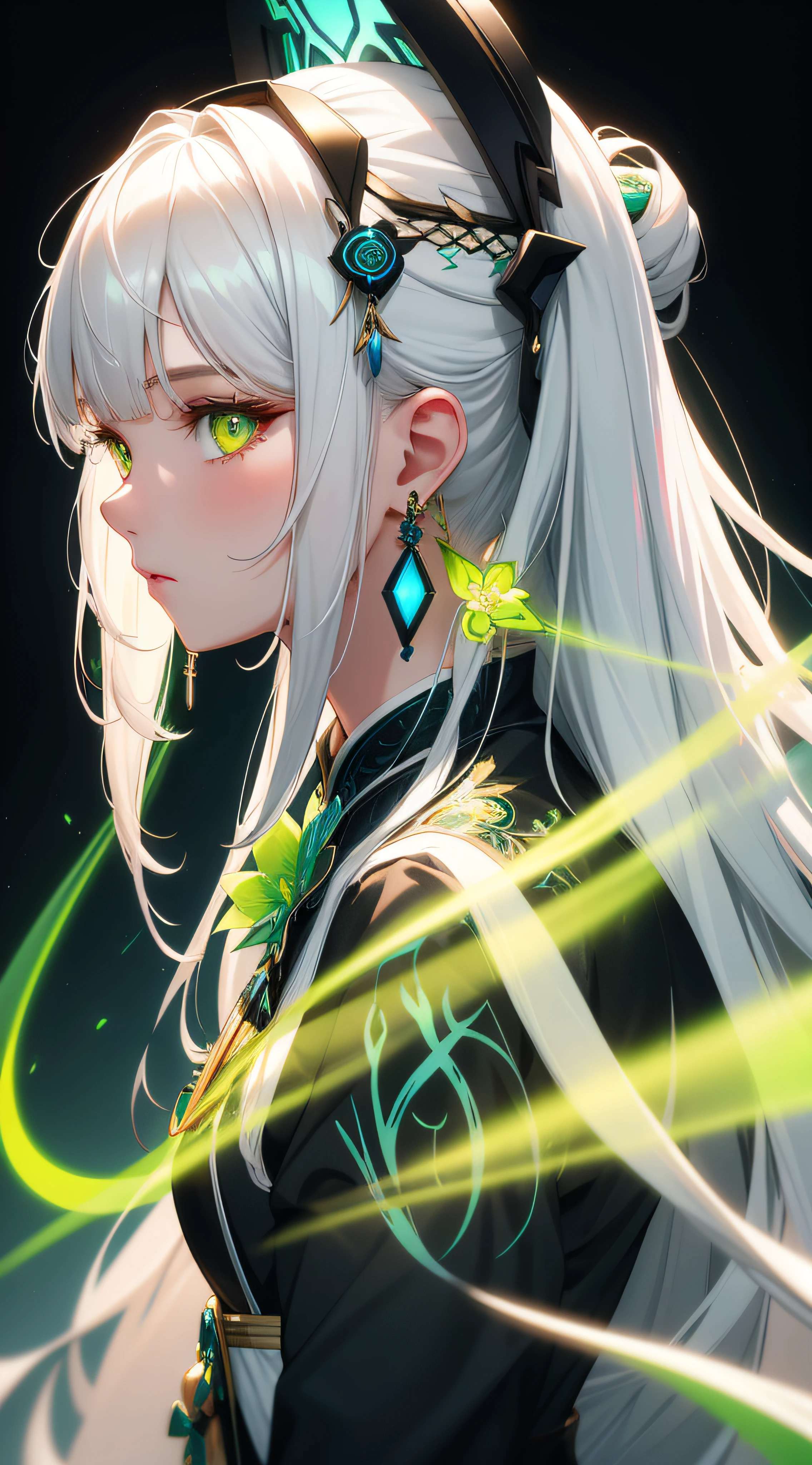 Beautiful girl with long off-white hair, Eyes that glow white, Green Luminous Earrings, And a black floral dress with blue and green patterns, masutepiece, studio lights, Professional, hight resolution, Best Quality, nffsw, Photographed from side light,