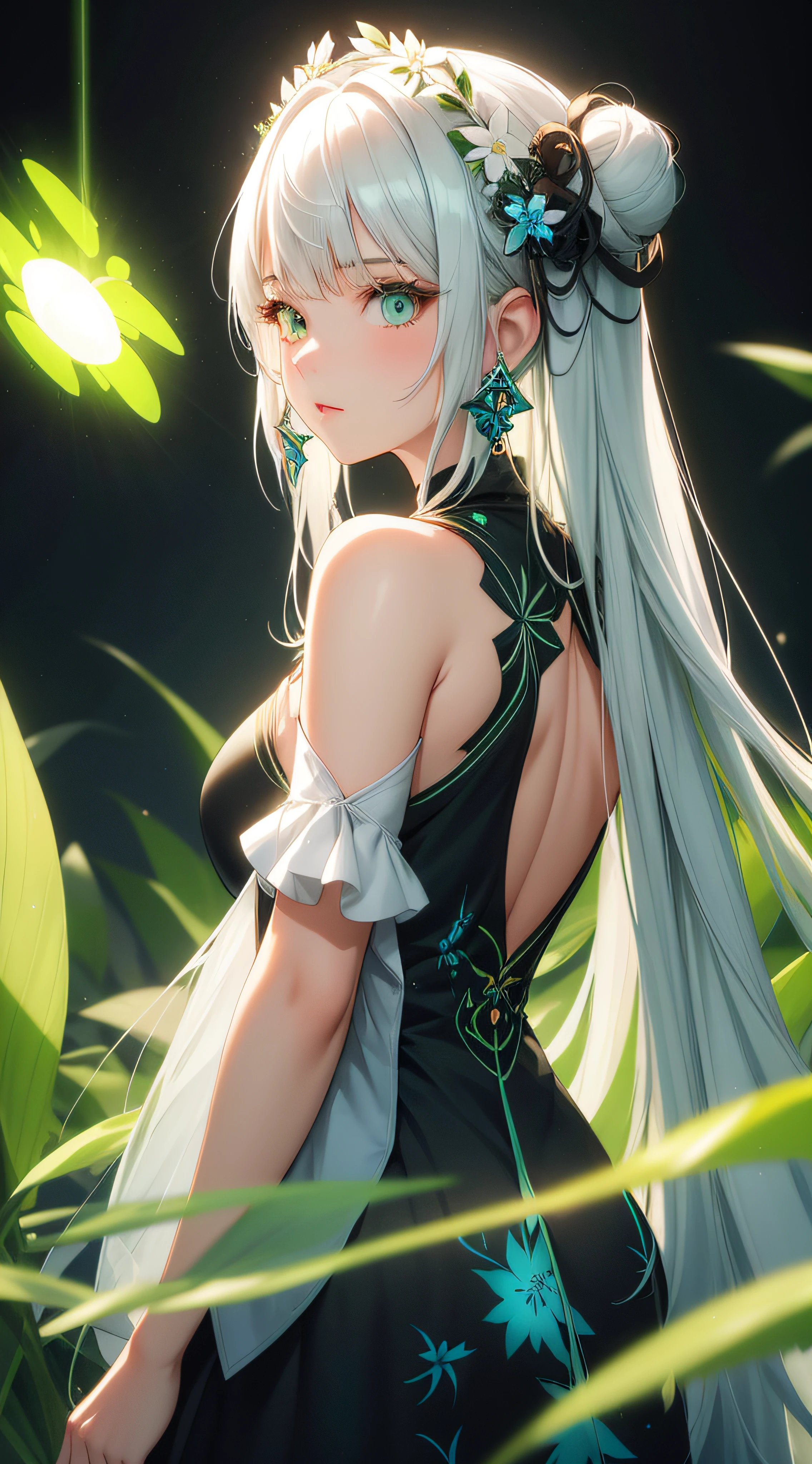Beautiful girl with long off-white hair, Eyes that glow white, Green Luminous Earrings, And a black floral dress with blue and green patterns, masutepiece, studio lights, Professional, hight resolution, Best Quality, nffsw, Photographed from side light,