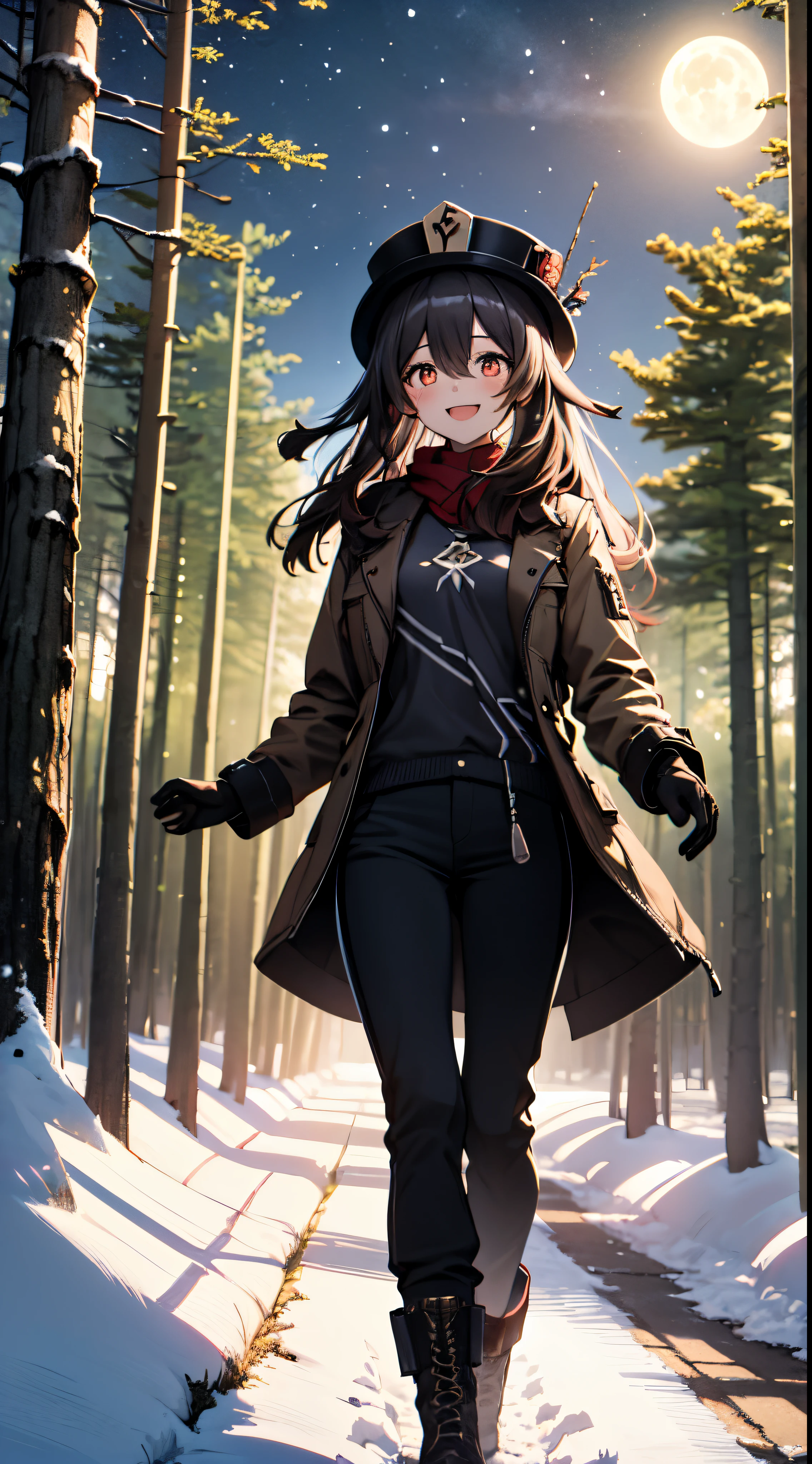 Masterpiece, ultra-detailed, best quality, best shadowing, 4k resolution, dynamic light, highres, nature focus, sky focus, girl focus, night theme, snow theme, snow biomes, anime style, winter, forest, spruce forest, spruce trees, trees, a lot trees, 1girl, solo, beautiful girl, Hu Tao chilling in middle forest, standing, hand holding a lantern, blush, smile, open mouth, frost breathing, butch snow on her body, brown leather jacket, red scraf, hat, gloves, black long pants, boots, beautiful sky, blue dark sky, moon, small moon, beautiful moon, blue moon, Aurora,beautiful Aurora, green and blue Aurora