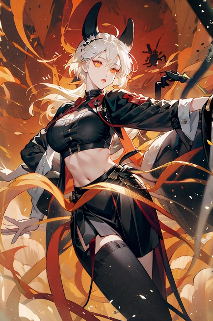 create the image of an orange-eyed, youthful-looking anime girl with huge breasts, short white hair, wearing a black open coat and a black shirt with a large drawing of a white spider, wearing a black mini skirt.