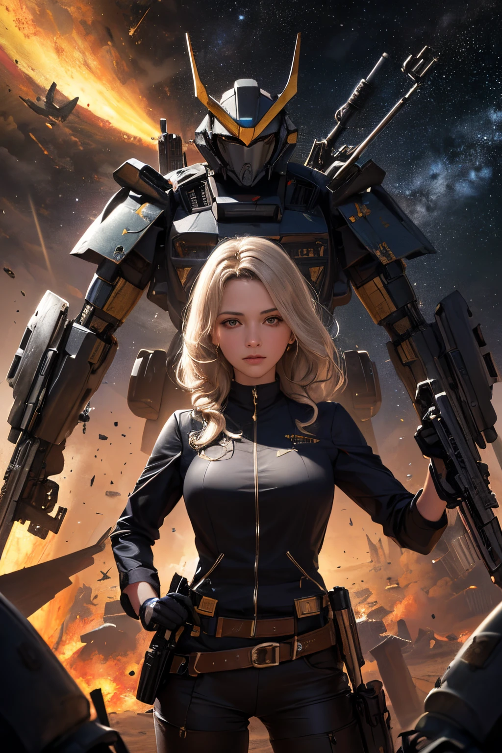 (Obra maestra, La mejor calidad:1.3), Extremadamente alto detalle, intrincado, 8k, HDR, papel tapiz, cinematic lighting, (universo:1.4),pistola, (despido), resplandeciente, armadura, ojos brillantes, mecha, Alas grandes