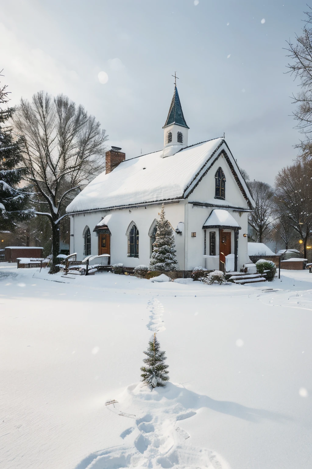 Snow scene of a small church,There is a Christmas tree in front, Snowy winter Christmas Eve,