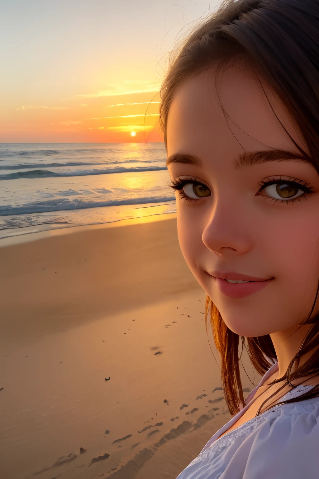 Realistic portrait of a girl at sunset on the beach surrounded by sea sand