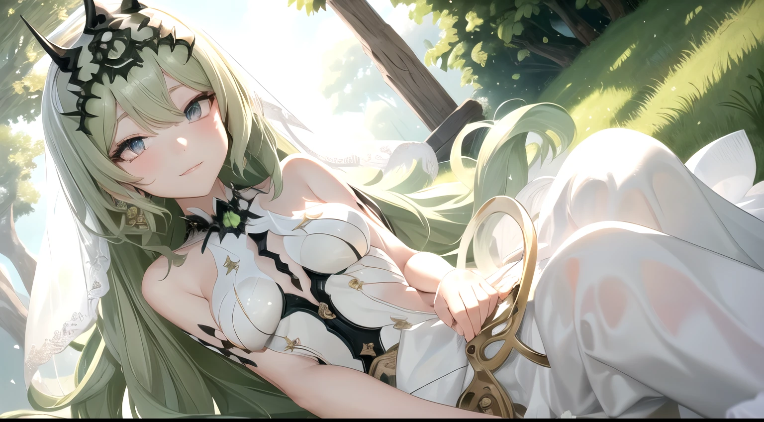 high detail, symmetrical, masterpiece, best quality, mobius (honkai impact), honkai (series), honkai impact 3rd, 1girl, solo, green hair, long hair, looking at viewer, small breasts, same eye colour, wedding dress, outdoors, bridal veil, long dress, white dress, hoop skirt, clover