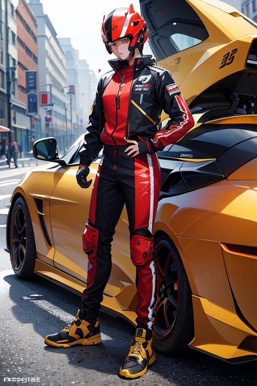 ((best quality)), ((masterpiece)), (detailed), detailed, racing, full body, pose, red, yellow, black, streetwear, techwear, helmet