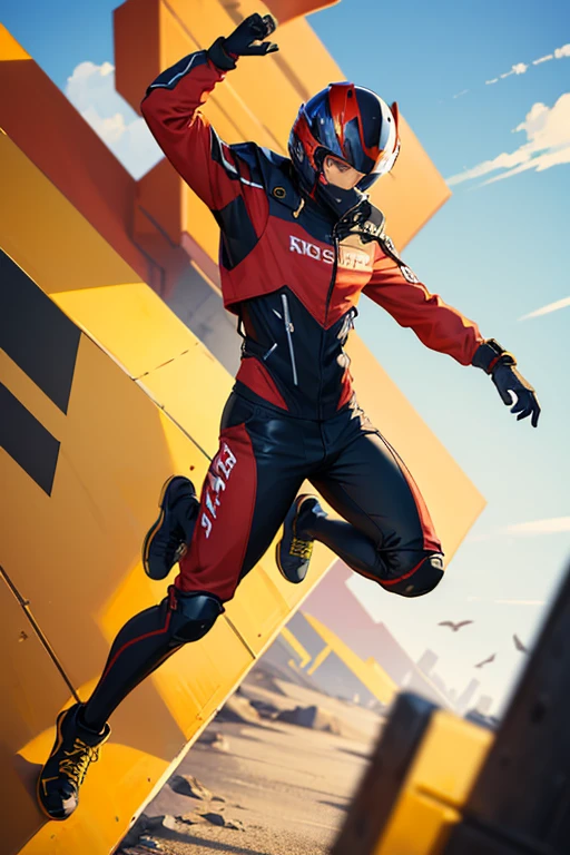 ((best quality)), ((masterpiece)), (detailed), detailed, racing, full body, pose, red, yellow, black, streetwear, techwear, helmet