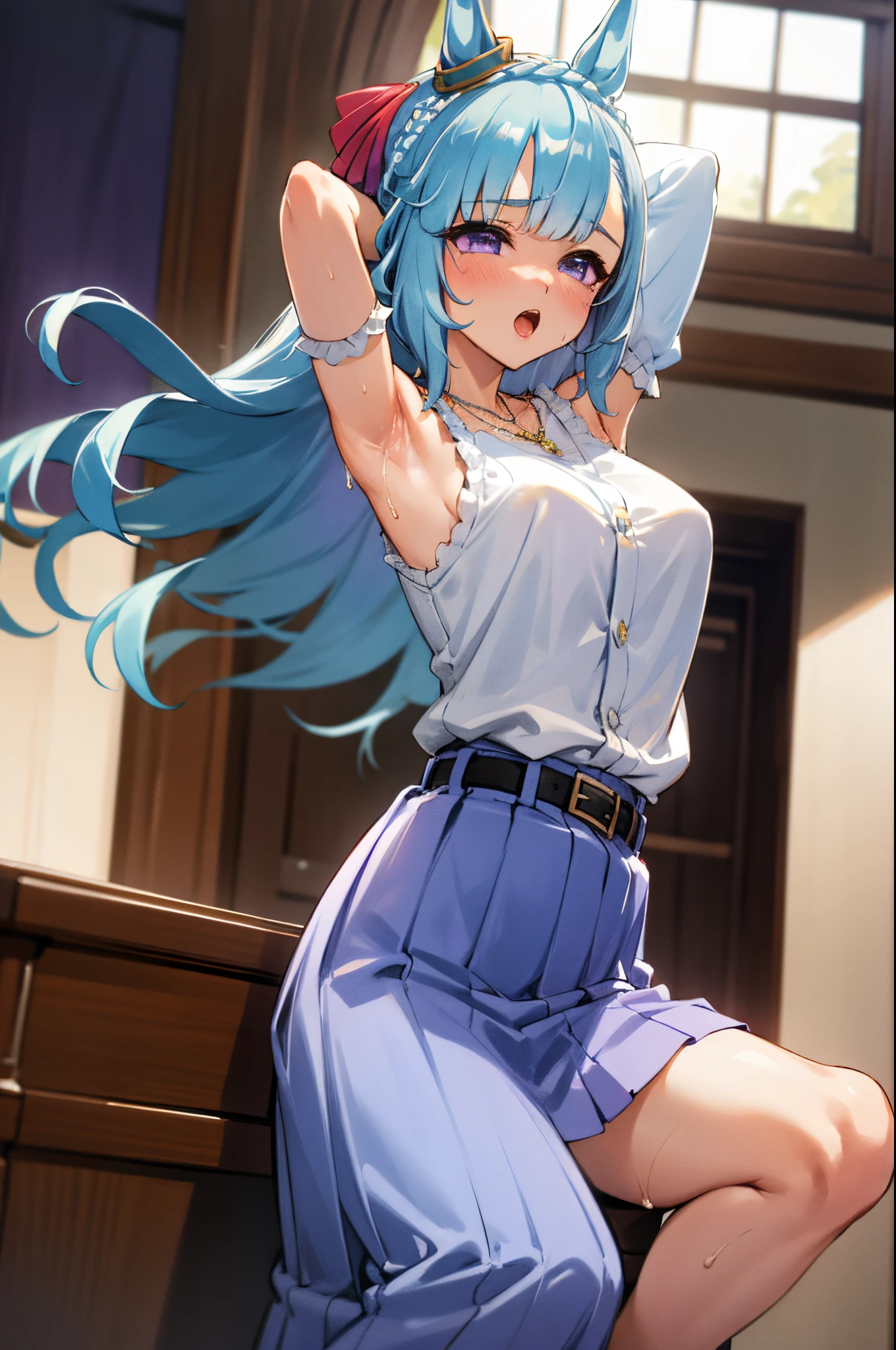 fullnude,Armpit show,sleeveless,top-quality、masterpiece、hight resolution、original、beatiful detailed eyes、ultra-detailliert、Mejiro Aldan\(umamusume\)、ear ornament、a necklace、white shirt、a belt、The shirt、long-sleeve、skirt by the、blueskirt、with floral pattern、long skirt、rcasual、purple skirt,vaginal,sex,woman on top,cum in pussy,sweat,girl trembling with sexual climax,breast milk,arms behind head,spread legs,ahegao,orgasm