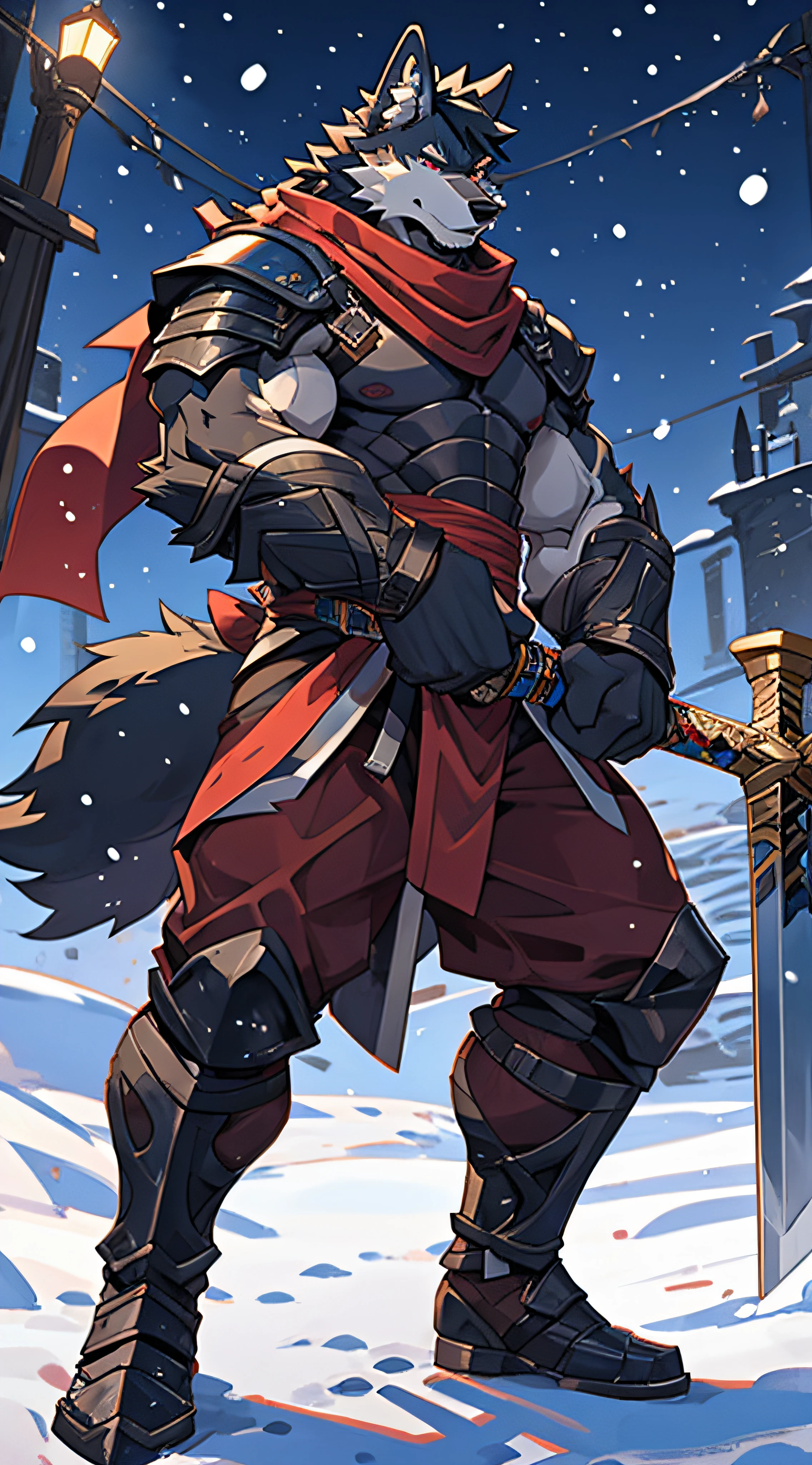furry,bara,Male wolf,black haired,Black body hair,Red Eyes,Put on ninja armor,wearing a red scarf,Squatting on the roof,His right hand held a long sword..,yam&#39;snowfall,Behind there is snow.