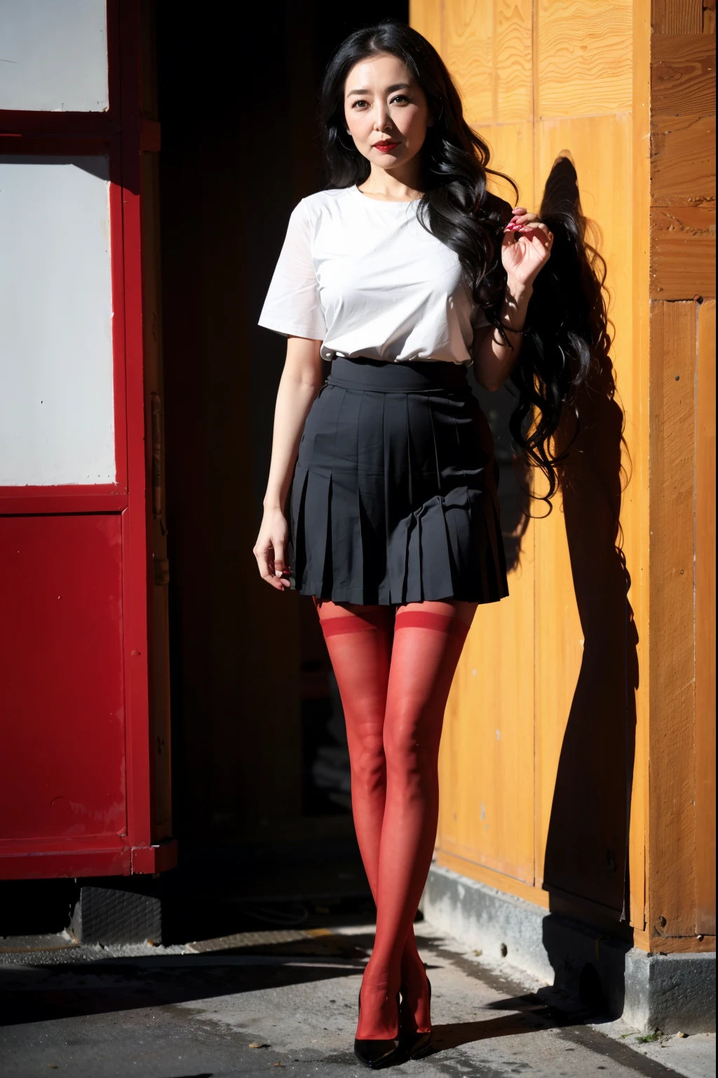 wavy and long hair，heavy  makeups，Redlip，white skinned，mature， legs long，The whole body can be seen，Red stockings，On the bustling streets，Have a well-proportioned figure，Tight black short sleeves，legs long，Very short pleated skirt，high-heels