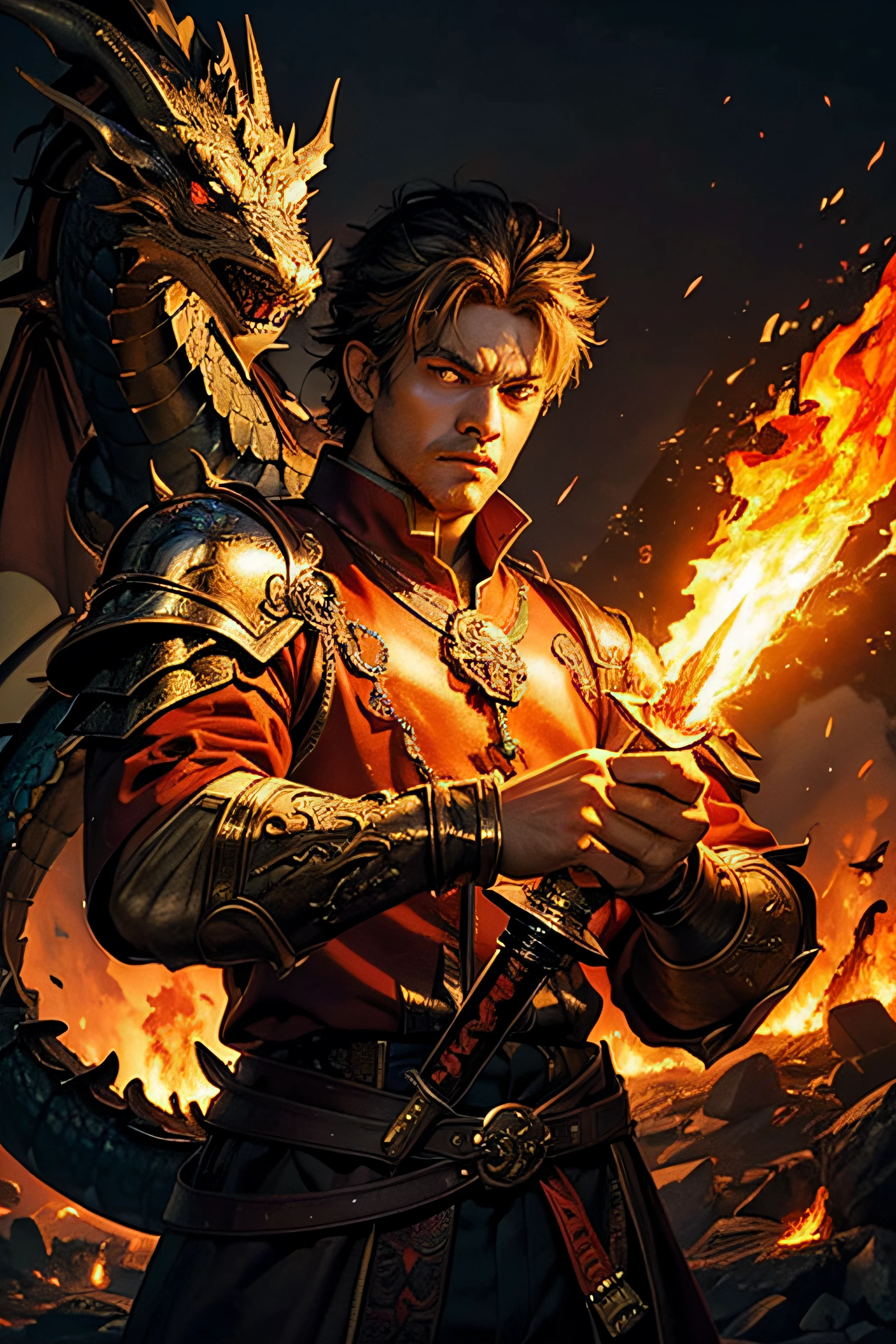 (masterpiece, best, quality person, (man, dragon amour, fire sword in right hand) background,(fire, hell,)