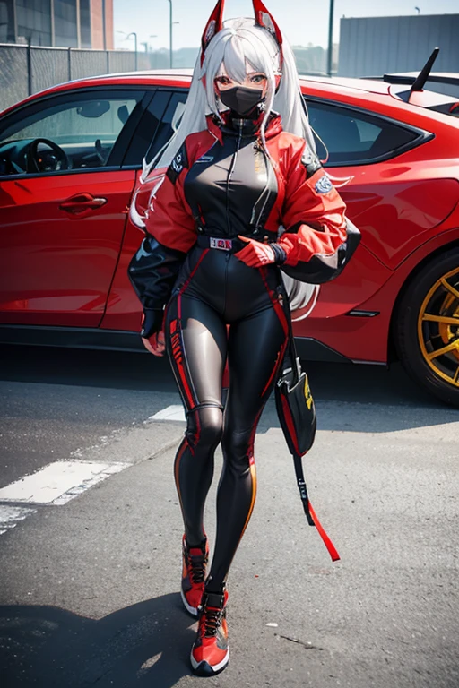 ((best quality)), ((masterpiece)), (detailed), detailed, racing, full body, pose, red, yellow, black, streetwear, techwear, helmet, facemask, female, white hair
