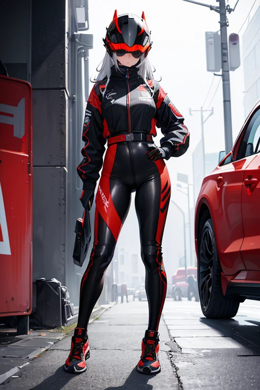 ((best quality)), ((masterpiece)), (detailed), detailed, racing, full body, pose, red, yellow, black, streetwear, techwear, helmet, facemask, female, white hair