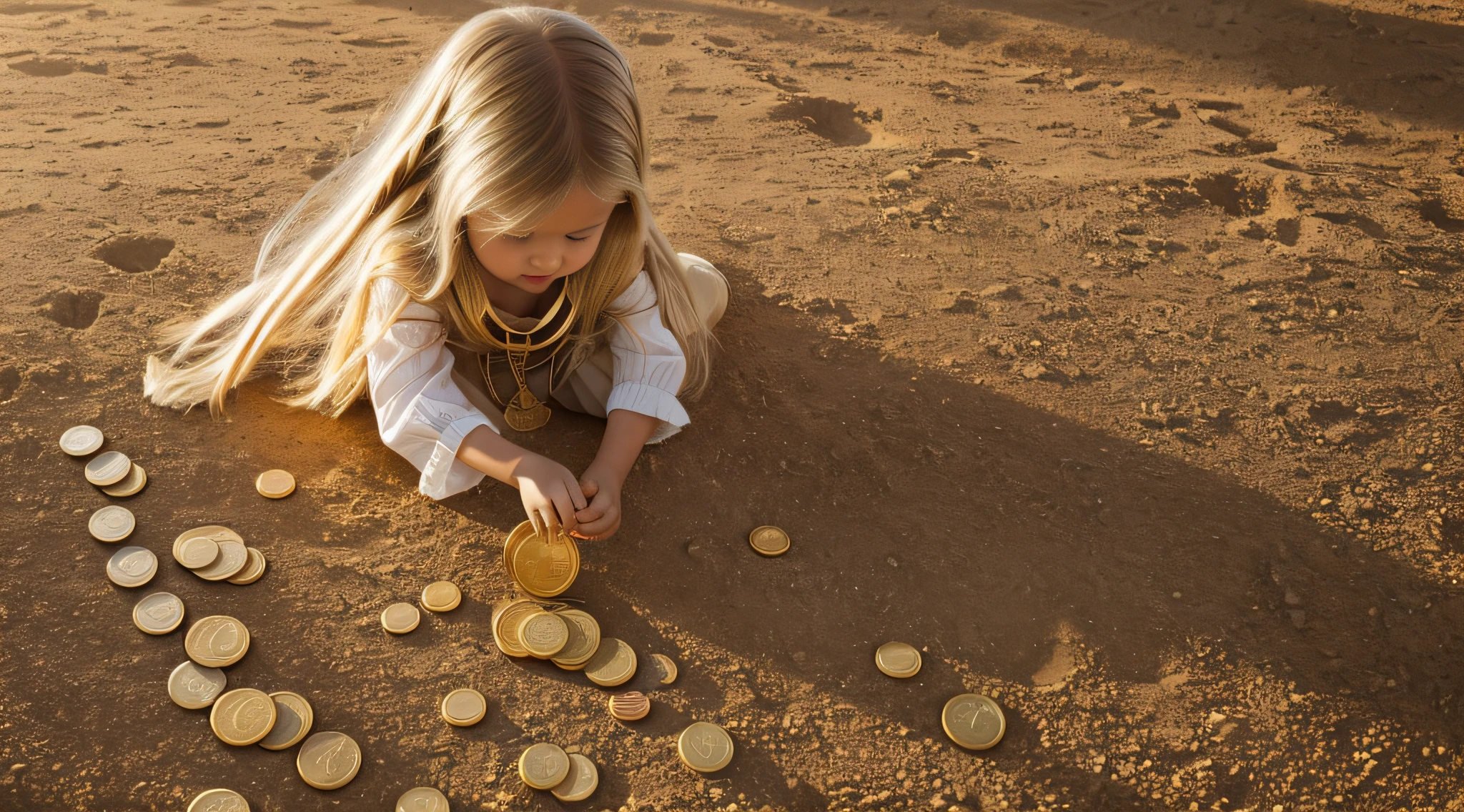 uma loira com CABELO LONGO, with gold dollar coins, air shot, luz solar deslumbrante, intrincado, exigente, translucent, Medium Scene, extremamente criativo, simples e misterioso, alta qualidade, 8k