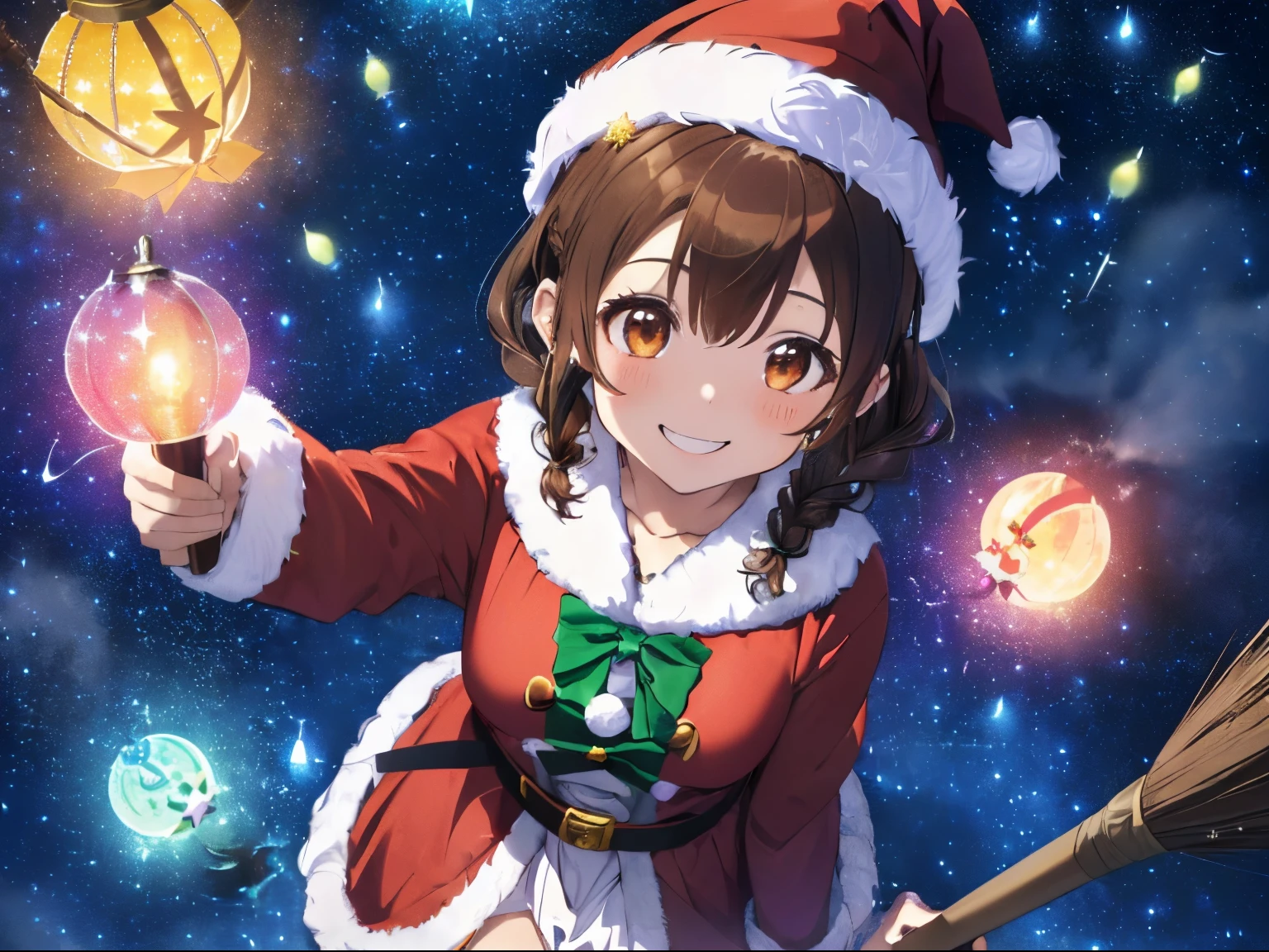(colorful glowing lantern),((A night sky filled with colorful cute creatures flying around)),((Big Full Moon)),((Sparkling and colorful stars)),fluffy hair,((brown haired)),((Braided shorthair)),Slightly red tide,((Brown eyes)),((Idol style Santa costume with fluffy volume)),((gorgeous wizard hat)),(magic wand with a jewel on the tip),(tome'It's snowing a little),((Christmas tree and illuminations)),Happy smile,Kamimei,((Fly through the sky on a magic broom)),((Perspective from above)),