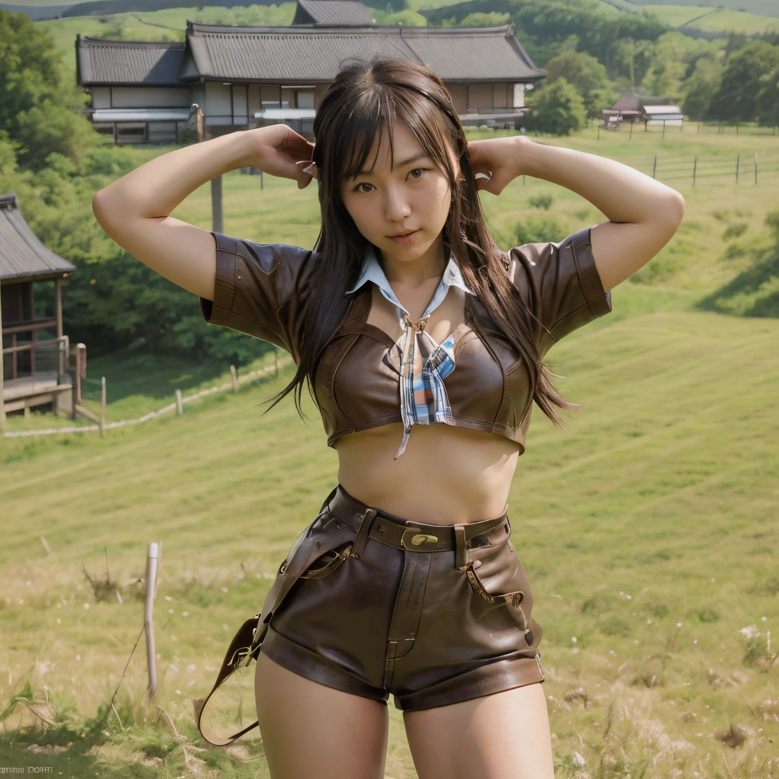 cowgirl, Japanese, leather hotpants，pasture, exposing thighs, outdoor, best quality, masterpiece, topless, naked upper body