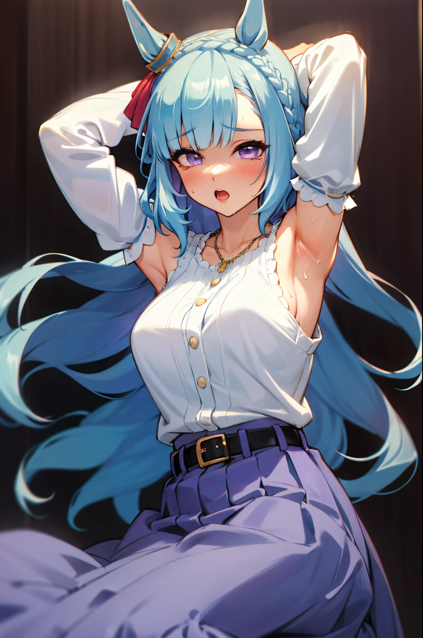 fullnude,Armpit show,sleeveless,top-quality、​masterpiece、hight resolution、original、beatiful detailed eyes、ultra-detailliert、Mejiro Aldan\(umamusume\)、ear ornament、a necklace、white  shirt、a belt、The shirt、long-sleeve、skirt by the、blueskirt、with floral pattern、long  skirt、rcasual、purple skirt,vaginal,sex,woman on top,cum in pussy,sweat,girl trembling with sexual climax,breast milk,arms behind head,spread legs,ahegao,orgasm