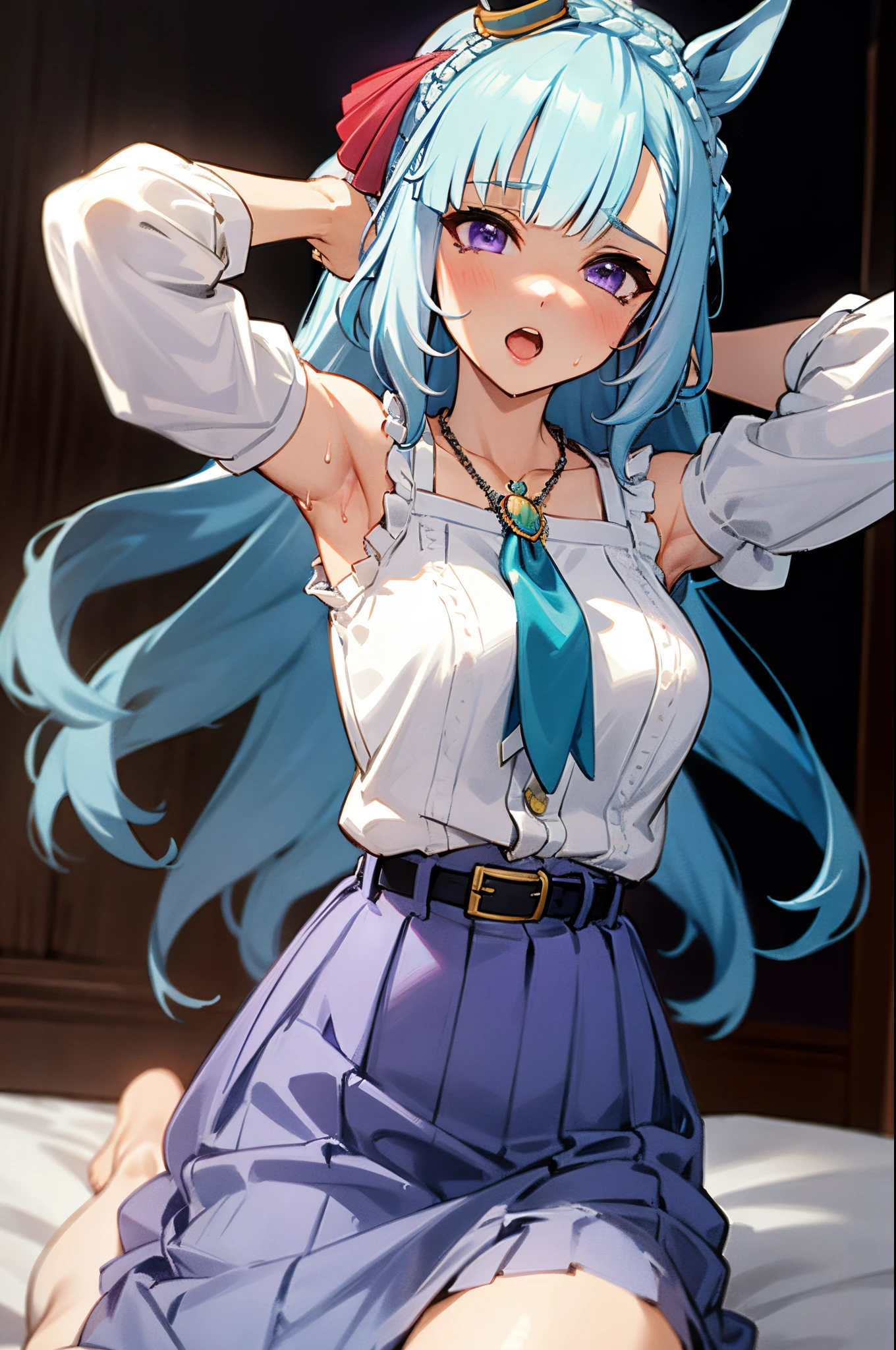 fullnude,Armpit show,sleeveless,top-quality、​masterpiece、hight resolution、original、beatiful detailed eyes、ultra-detailliert、Mejiro Aldan\(umamusume\)、ear ornament、a necklace、white  shirt、a belt、The shirt、long-sleeve、skirt by the、blueskirt、with floral pattern、long  skirt、rcasual、purple skirt,vaginal,sex,woman on top,cum in pussy,sweat,girl trembling with sexual climax,breast milk,arms behind head,spread legs,ahegao,orgasm