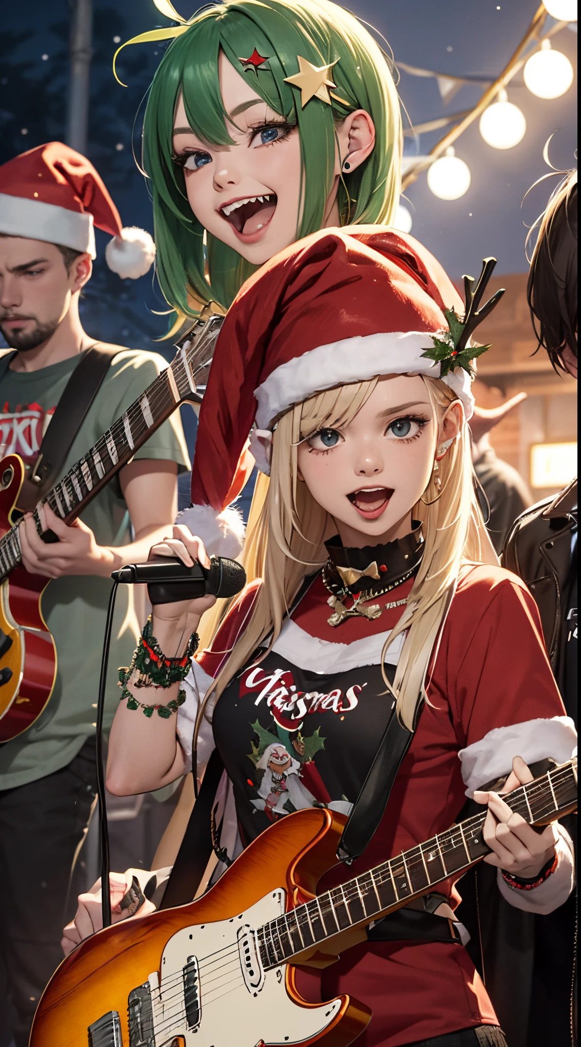 masterpiece, group of people, wearing costumes, a trash merry Christmas fairy tale, crazy  ""Merry Christmas"" party, polish punk rock, punk rock party, guitar, party with punk rock songs fire, sparks, detailed face