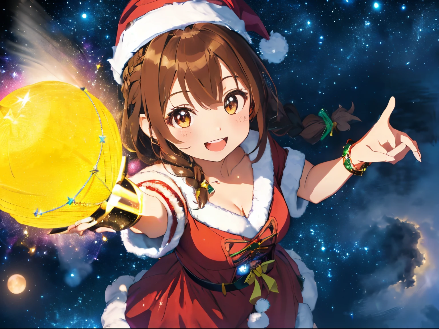 (colorful glowing lantern),((A night sky filled with colorful cute creatures flying around)),((Big Full Moon)),((Sparkling and colorful stars)),fluffy hair,((brown haired)),((Braided shorthair)),Slightly red tide,((Brown eyes)),((Idol style Santa costume with fluffy volume)),((gorgeous wizard hat)),(magic wand with a jewel on the tip),(tome'It's snowing a little),((Christmas tree and illuminations)),Happy smile,Kamimei,((Fly through the sky on a magic broom)),((Perspective from above)),
