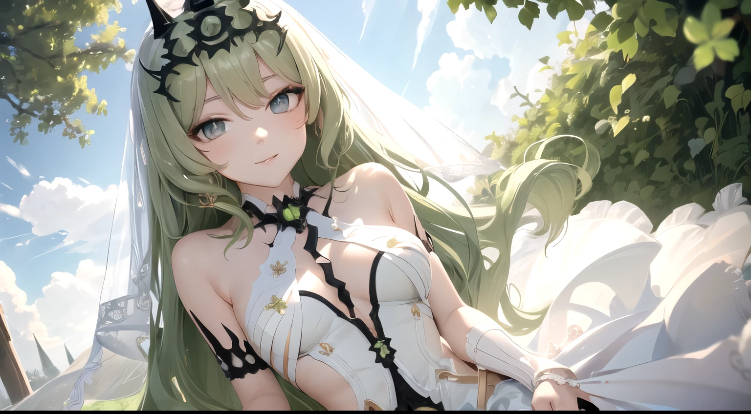 high detail, symmetrical, masterpiece, best quality, mobius (honkai impact), honkai (series), honkai impact 3rd, 1girl, solo, green hair, long hair, looking at viewer, small breasts, same eye colour, wedding dress, outdoors, bridal veil, long dress, white dress, hoop skirt, clover