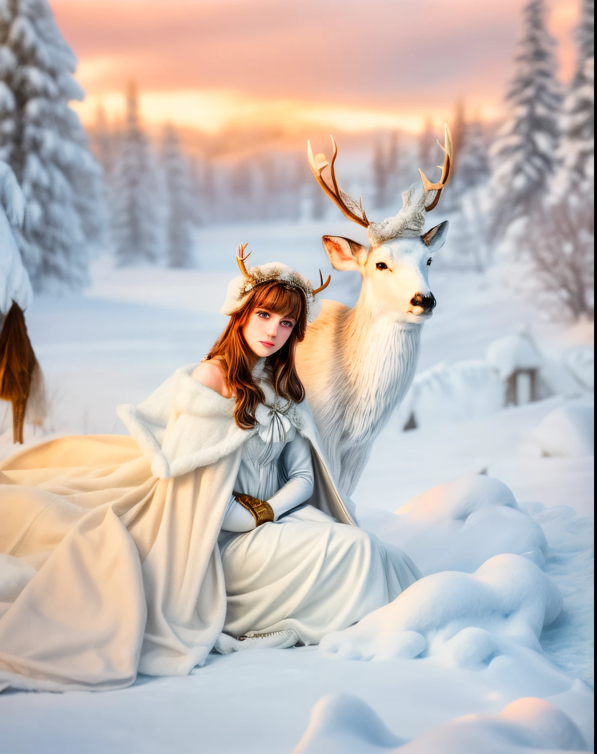 (Girl sitting with reindeer in the snow), (((((a cape made of deer skin falls from the shoulder into the foreground+++++))))), ((((turns smoothly into a snowdrift )))))), (put the deer&#39;s head on its side+++), (((red horns on the head))), Fantasy photography, fantasy matte painting, ((((Volume++)))), (((dreamy fairytale landscape+++))), The White Witch, Young woman with horns, beautiful nordic woman, with white deer, Realistic fantasy, photograph of pale ivory skin, Monia Merlo Placeholder Image, emma watson as the queen of ice