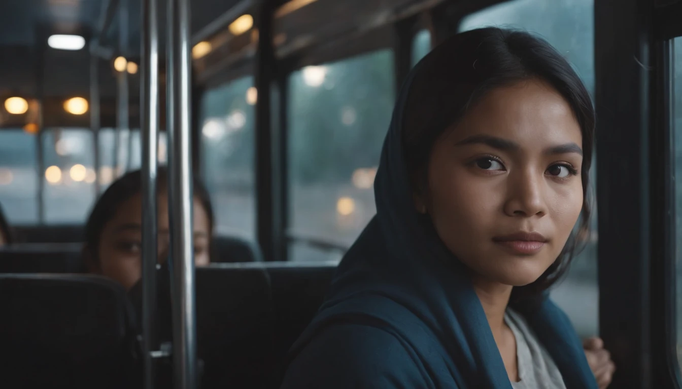 An Indonesian woman sitting on the bus to go home at night