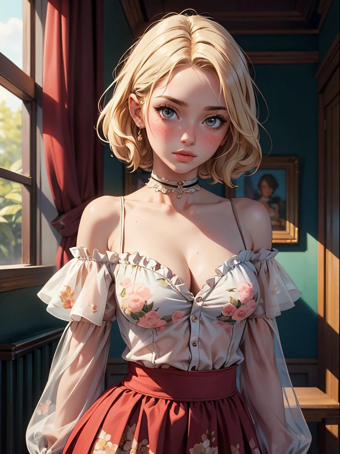 (best quality, masterpiece), 1girl, 25 years old, blonde hair, cleavage, tattoos, intricate details, off shoulder, skirt, choker, frills, see-through, looking at viewer, blush, upper body, blurry background, floral print, contrapposto