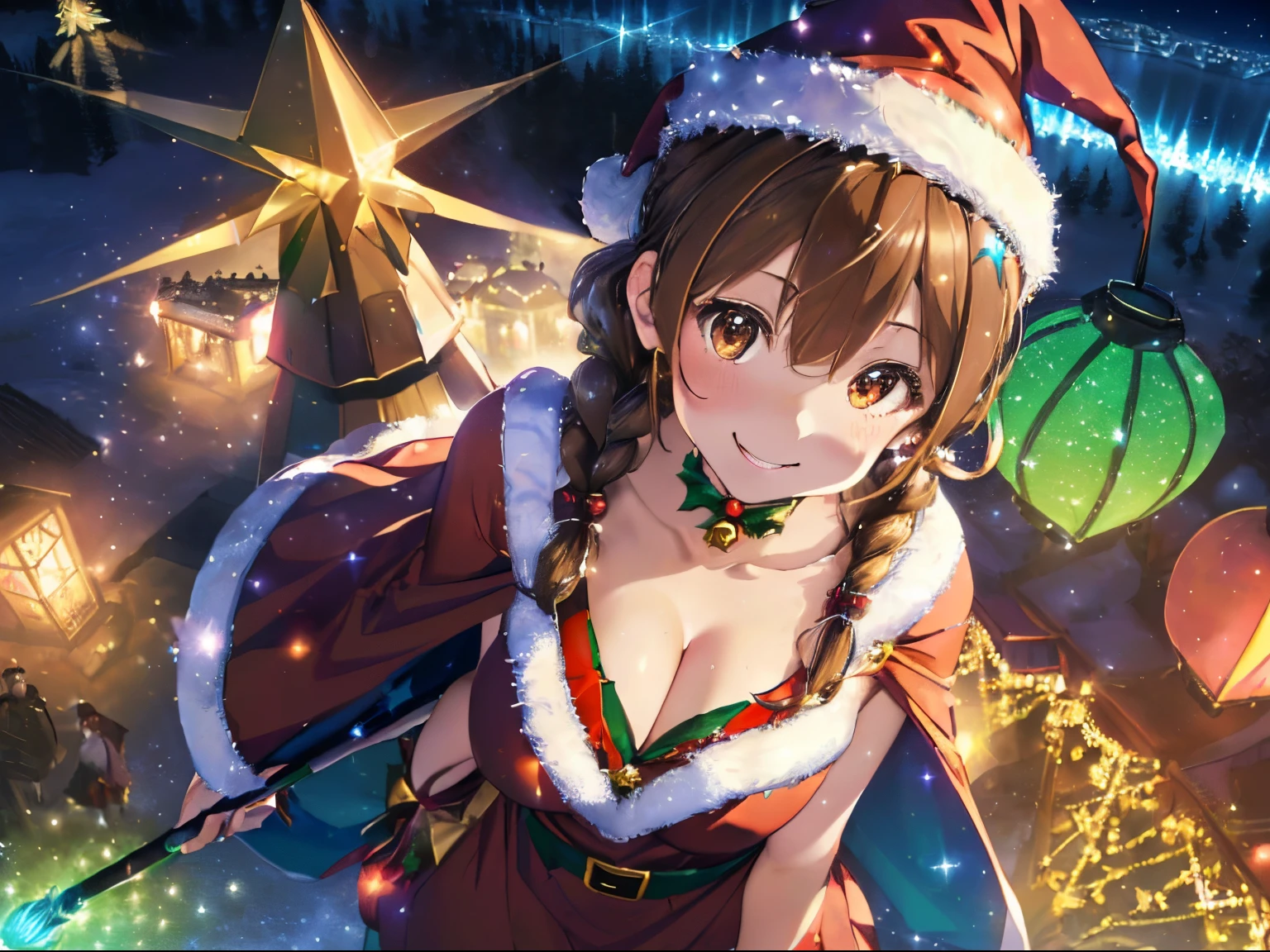 (colorful glowing lanterns),((A night sky filled with colorful cute creatures flying around)),((Big Full Moon)),((Sparkling and colorful stars)),fluffy hair,((brown haired)),((Braided shorthair)),Slightly red tide,((Brown eyes)),((Fluffy and voluminous idol-style Santa costume)),((santa hat with tiara)),(magic wand with a jewel on the tip),(tome&#39;It's snowing a little),((Christmas tree and illuminations)),Happy smile,Kamimei,((Fly through the sky on a magic broom)),((Perspective from above)),(Cleavage that looks modest),((wearing a luxurious cape)),