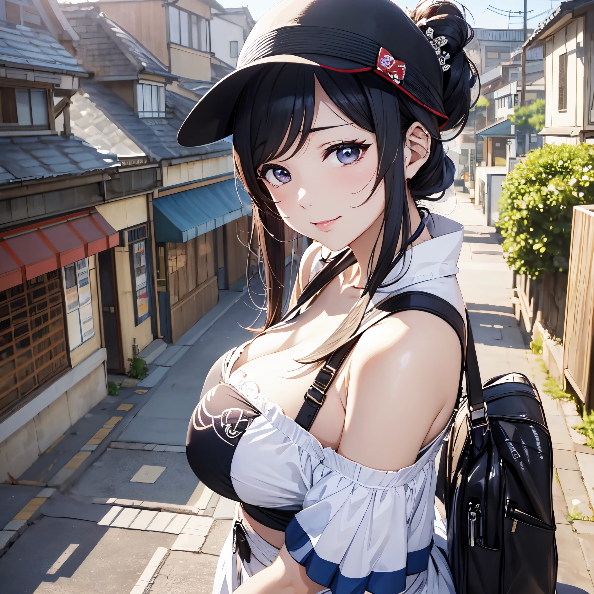 a 20 yo woman、(masterpiece:1.4)、(in 8K、realisitic、Raw photo、top-quality:1.4)、(Real Face:1.4)、(real looking skin:1.3)、超A high resolution、Black eyes、black hair shorthair、caps、parka、JINS、Street fashion、(huge-breasted:1.5)、Blushing、alluring face、perplexed look、ruins、house