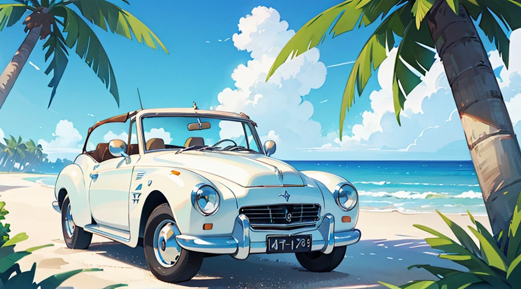 sand beach, palm tree, summer blue sky, (((white convertible classic car)))