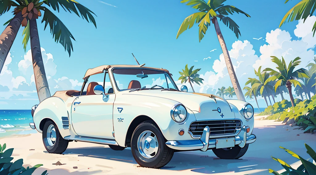 sand beach, palm tree, summer blue sky, (((white convertible classic car)))