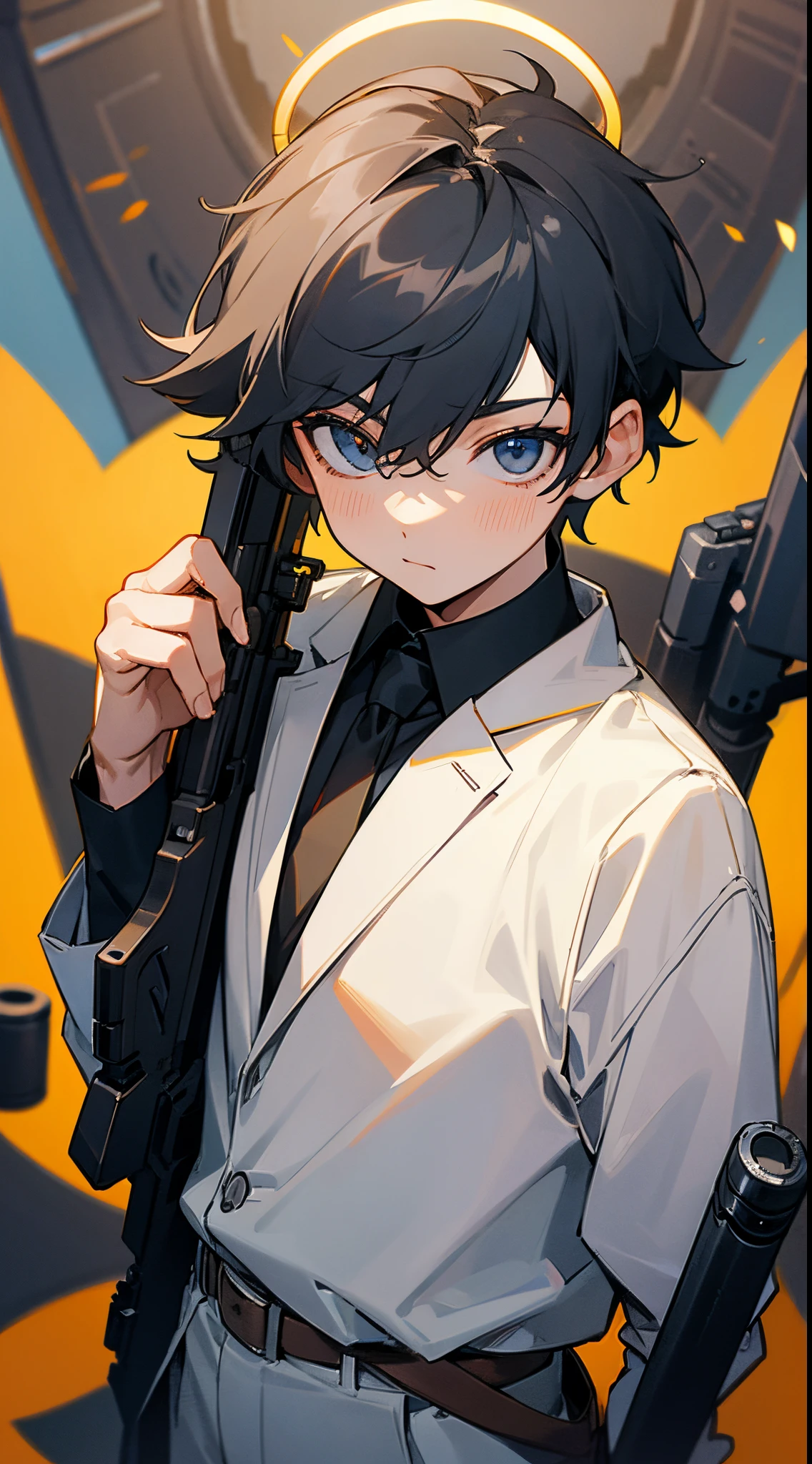 Boy with a unique halo above his head and gun