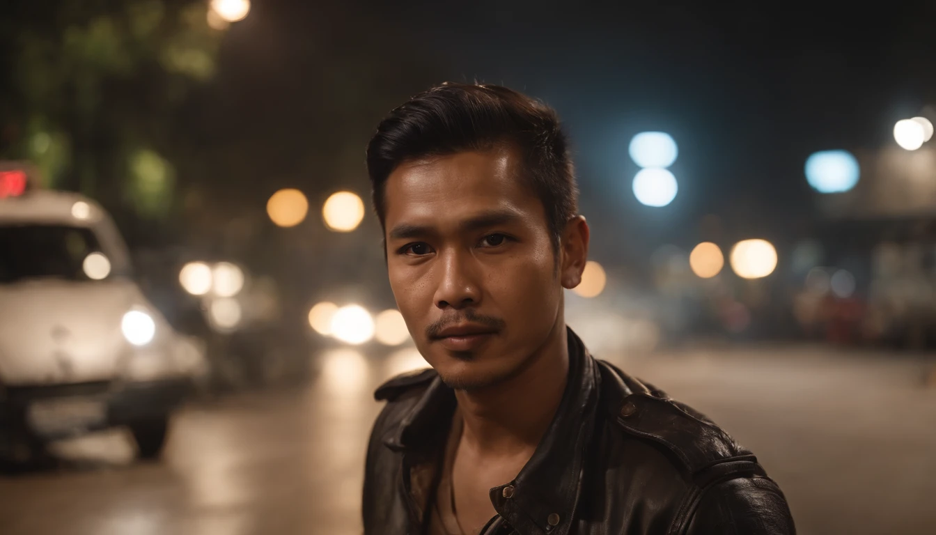 An Indonesian motorcycle taxi driver at the base in the dark of night.