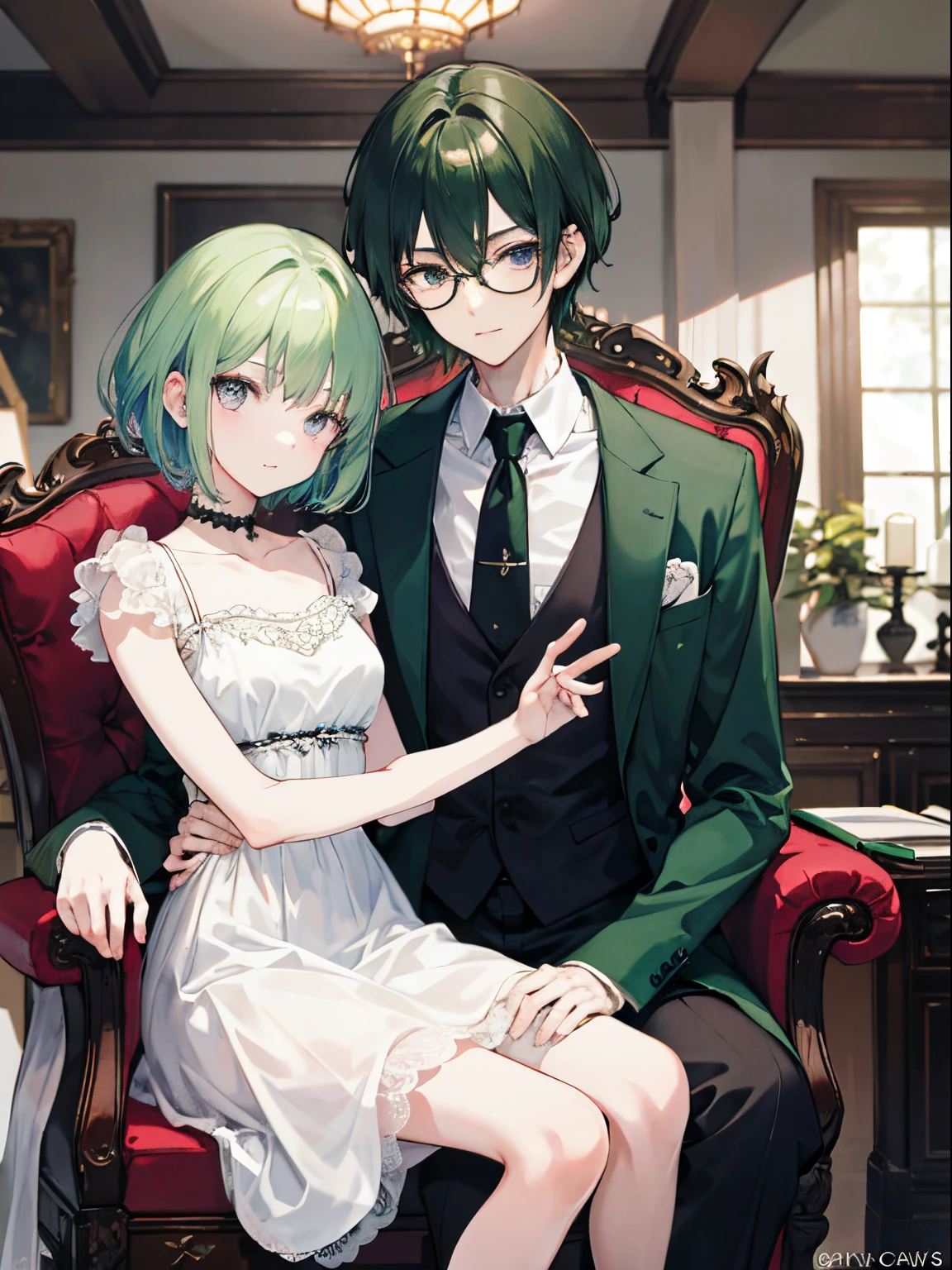 (Masterpiece, Best Quality:1.2), 2 people, duo, 2 people. Beautiful fantasy room in dragon style, 1 - man, tall thin man with glasses;huge chair in the middle, a tall and very thin man with green hair and purple eyes sits on a chair, in a beautiful green suit, 2 - A young thin girl with very short hair is sitting on his lap., very dark green hair and gray eyes.., she is wearing a short white dress and stockings