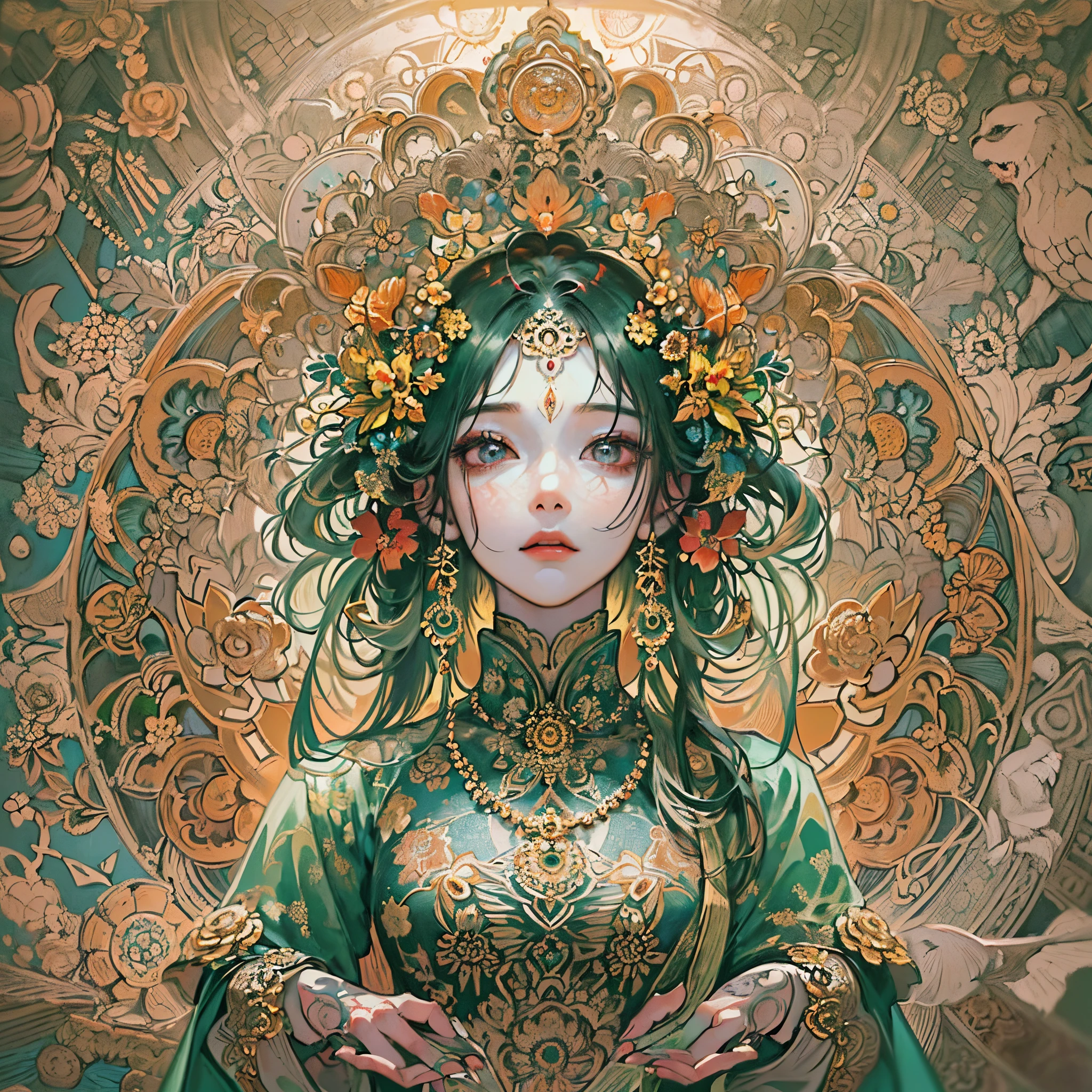 ((Finest quality)),(超A high resolution),(ultra-detailliert),(Meticulous portrayal),((Best Anime)),(Finest works of art),(Ultra-Precision Art),(The art of astounding depiction,Overwhelming depiction:1.5),(A complex and detailed mandala:1.6), (femele:1.6),King Ming:1.3,Standing statue,Seated image,downy,kindliness,harmony,